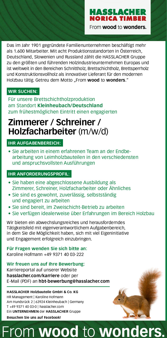 Zimmerer/Schreiner/Holzfacharbeiter (m/w/d)
