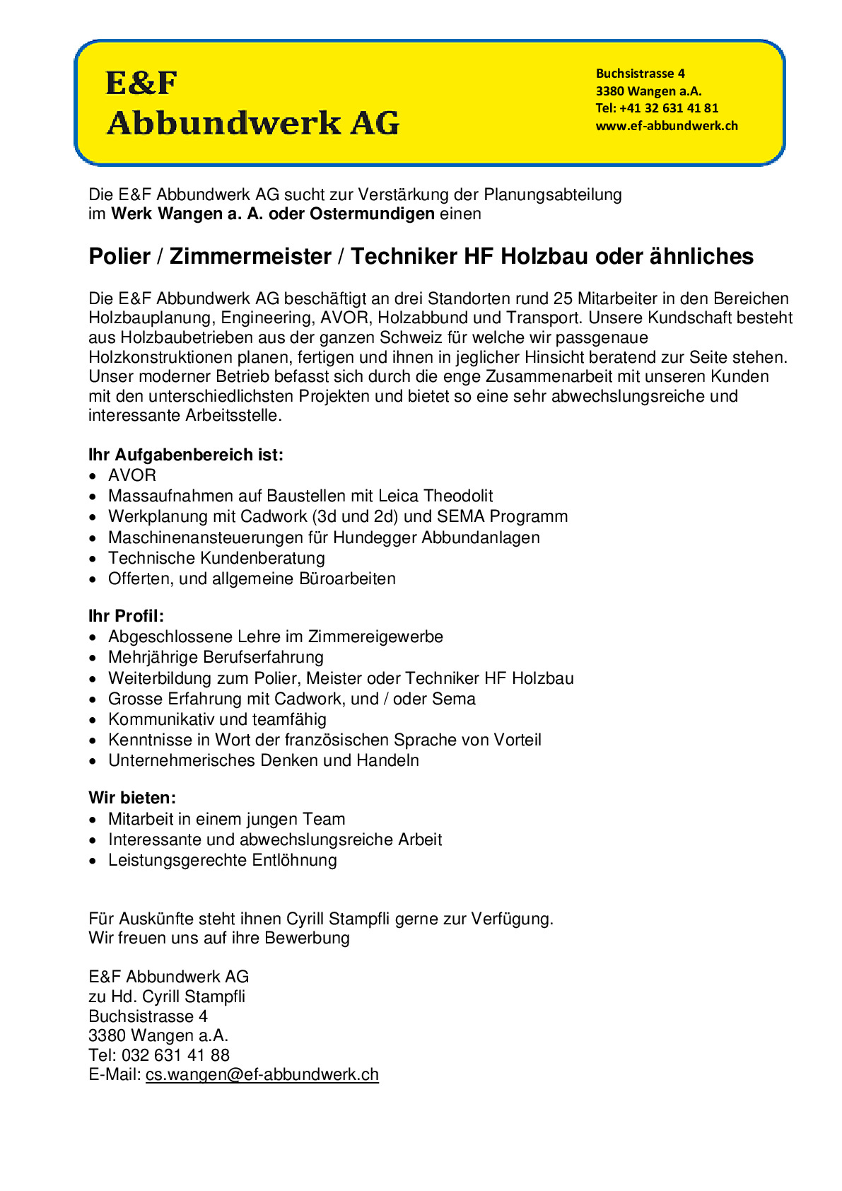 Polier / Zimmermeister / Techniker HF Holzbau oder ähnliches