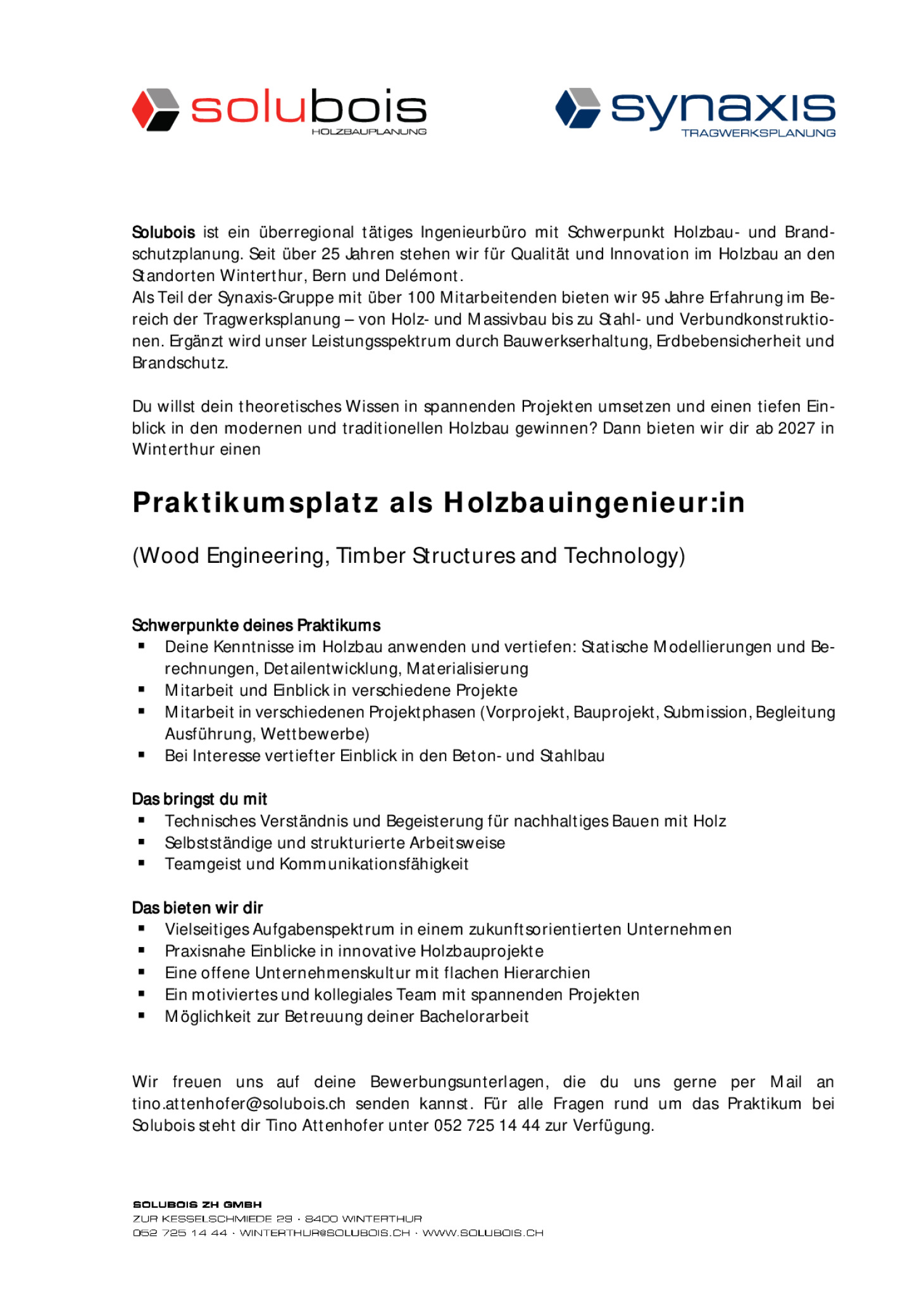 Praktikumsplatz 2027 für Holzbauingenieur:in
