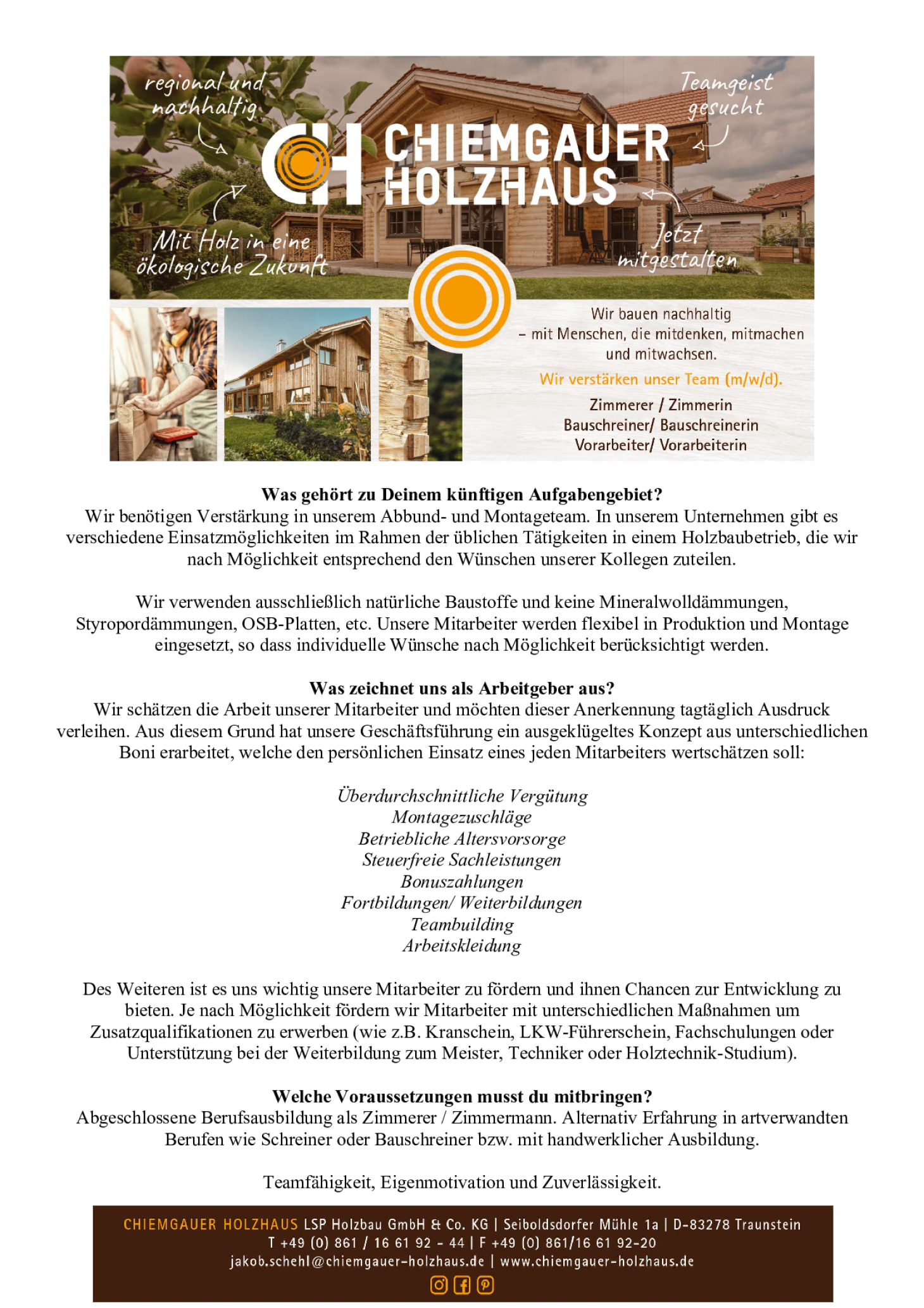 Zimmerer (m/w/d) / Vorarbeiter (m/w/d) / Bauschreiner (m/w/d)