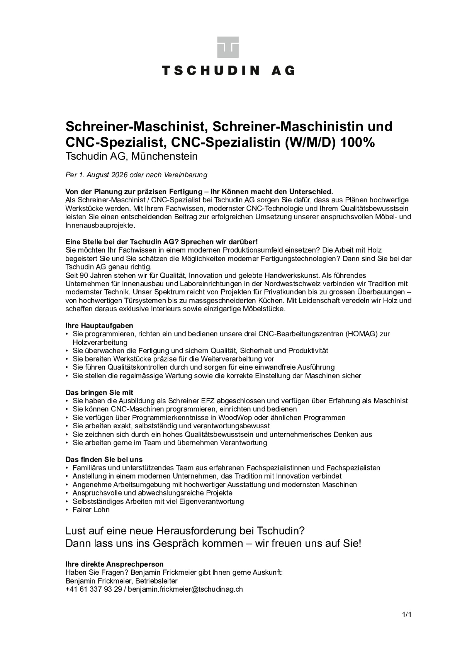 Schreiner Maschinist/-in / CNC (w/m/d) 100%