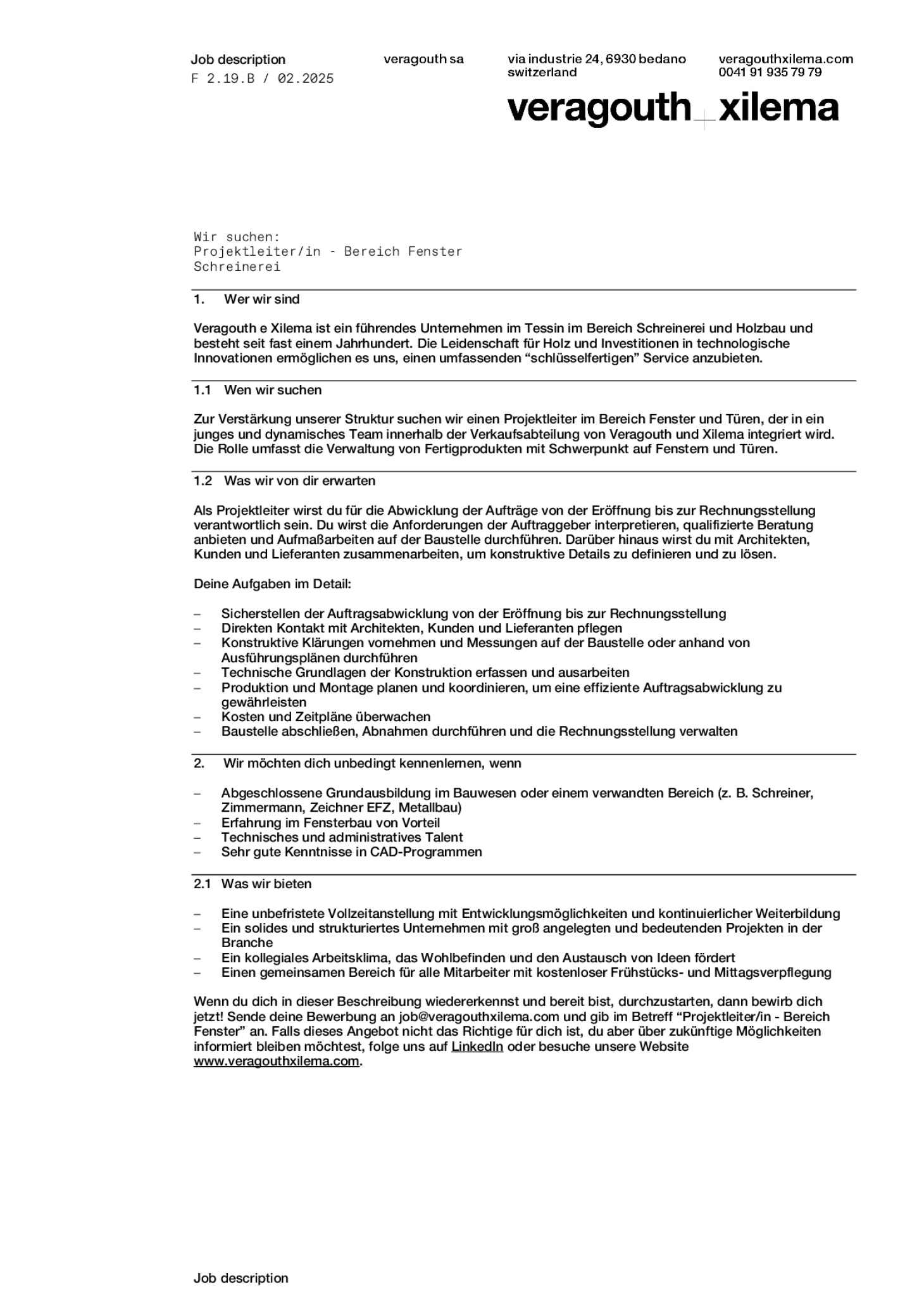Projektleiter/in - Bereich Fenster