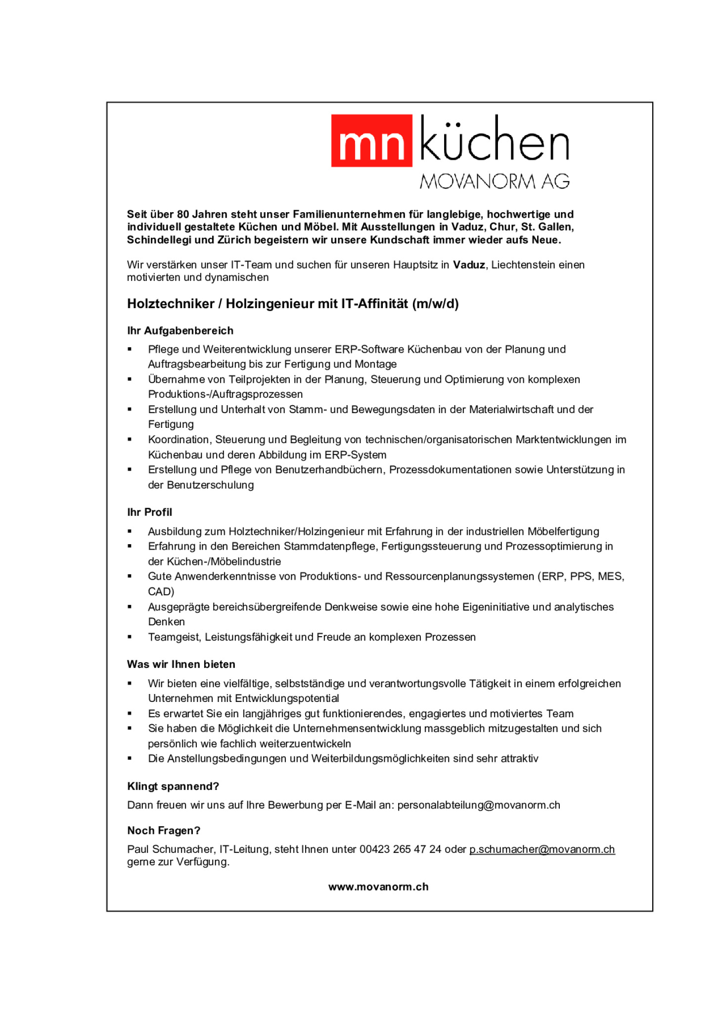 Holztechniker / Holzingenieur mit IT Affinität (m/w/d) - Vaduz, Liechtenstein
