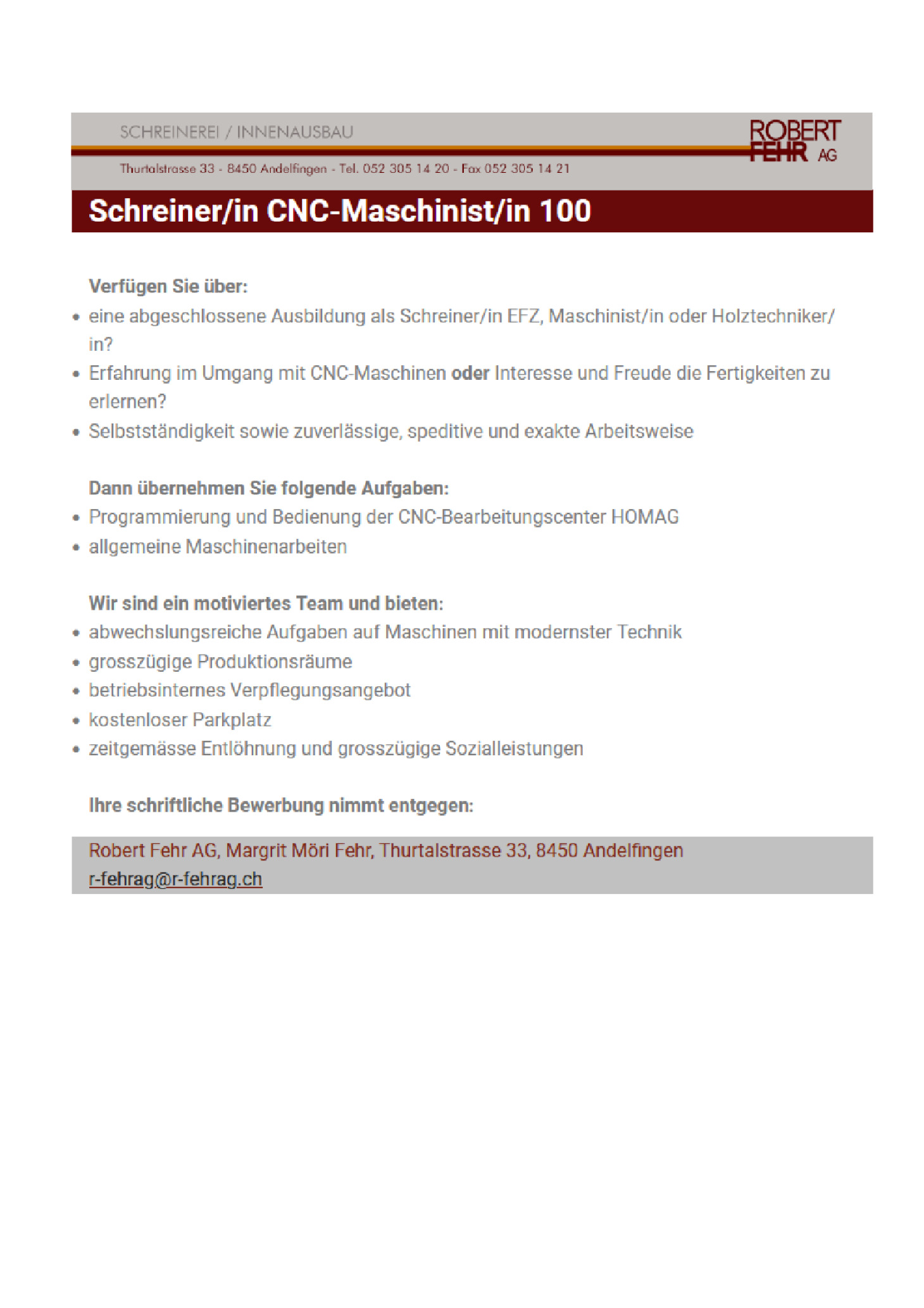 Schreiner CNC-Maschinist 100% (w/m/d)