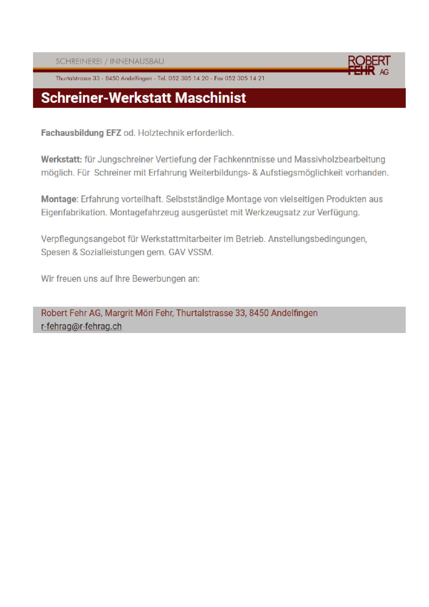 Schreiner EFZ Werkstatt Maschinist (w/m/d)