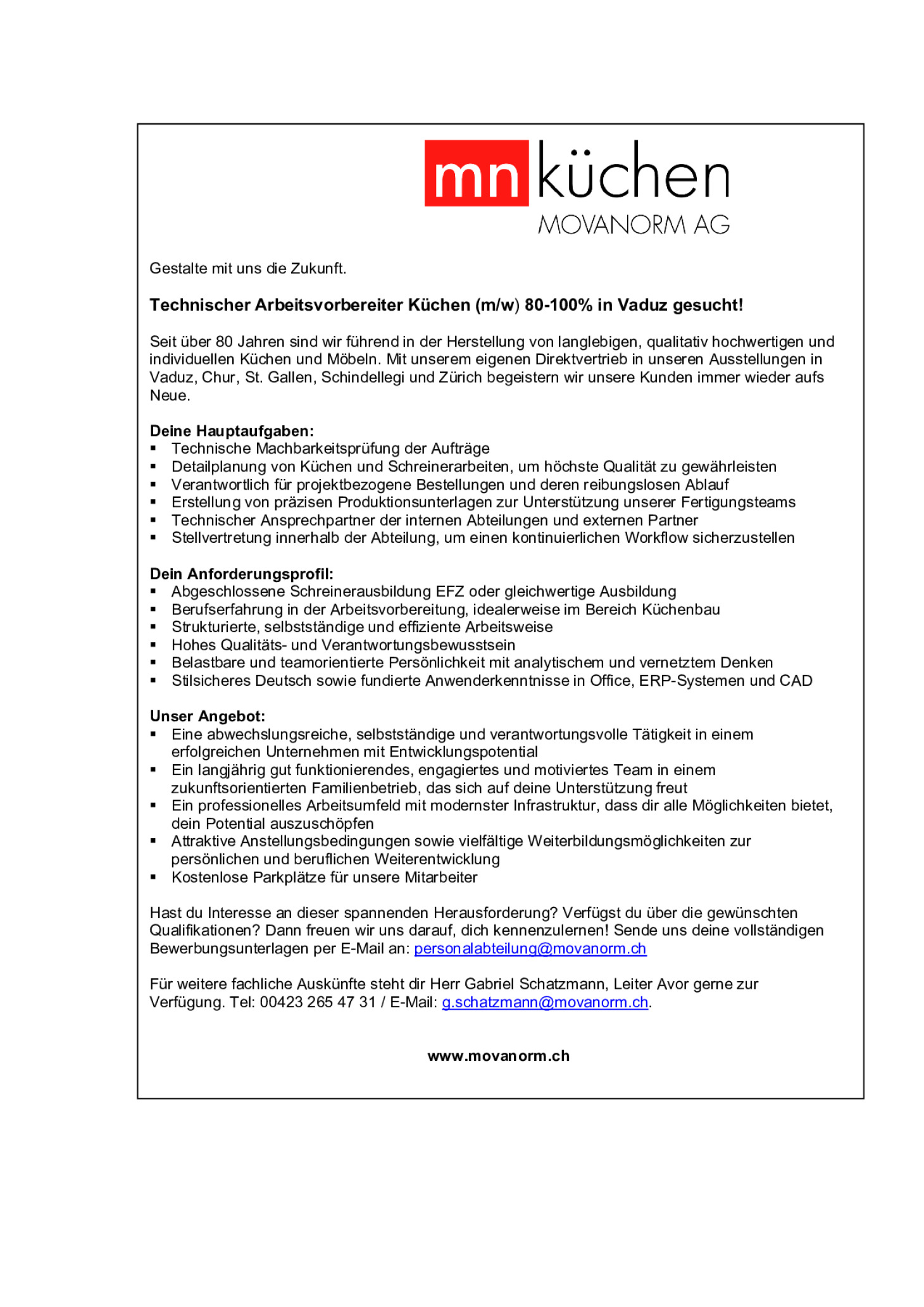Technischer Arbeitsvorbereiter Küchen 80-100% (m/w) - Vaduz Liechtenstein