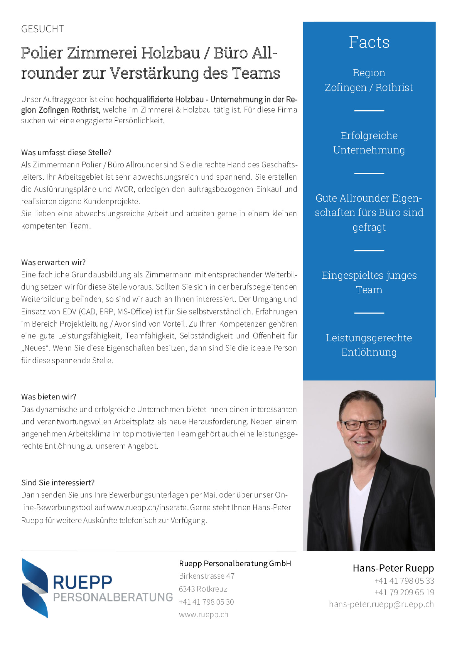 Nr. 22 - Polier Zimmerei Holzbau / Büro Allrounder zur Verstärkung des Teams im Raum Zofingen - Rothrist