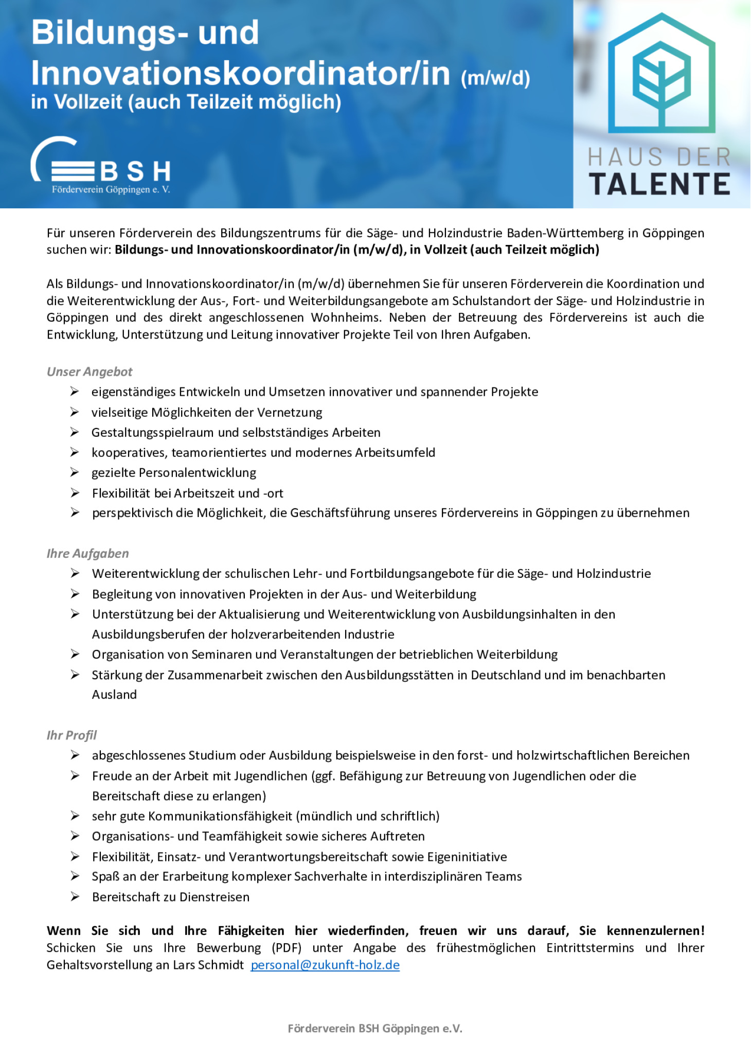 Bildungs- und Innovationskoordinator*in (m/w/d) beim Förderverein BSH Göppingen e. V.