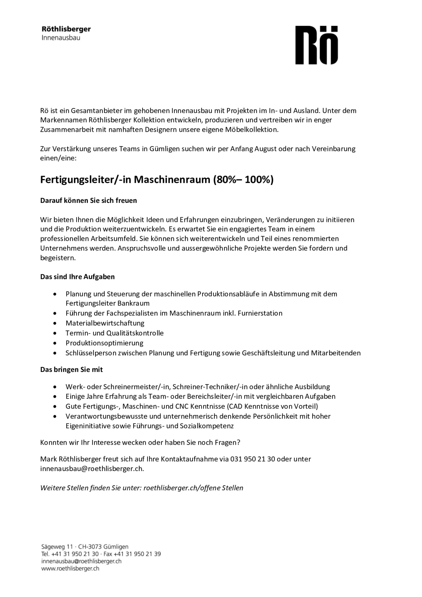 Fertigungsleiter/-in Maschinenraum (80%– 100%)