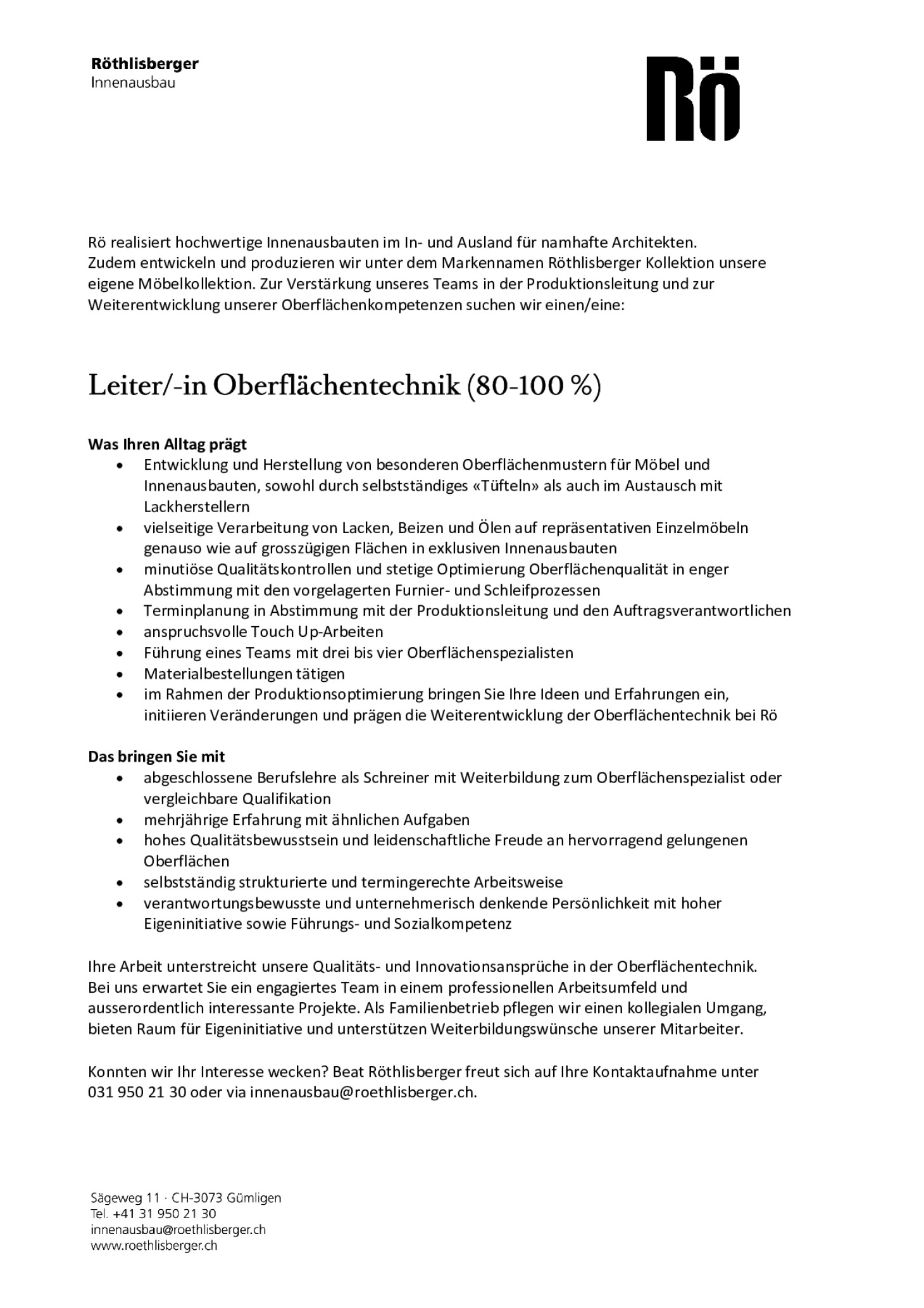 Leiter/-in Oberflächentechnik (80-100 %)