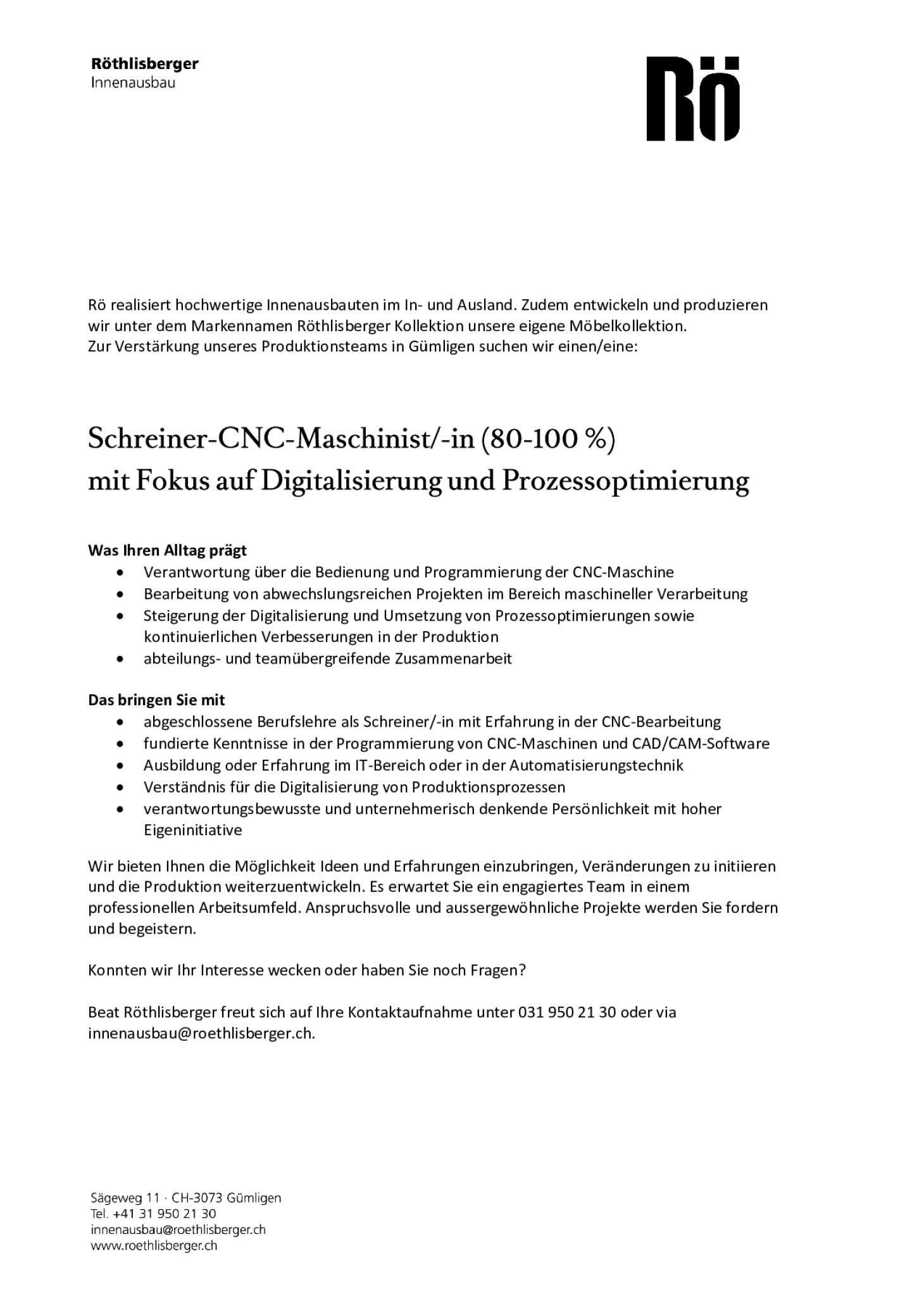 Schreiner-CNC-Maschinist/-in (80-100 %) mit Fokus auf Digitalisierung und Prozessoptimierung