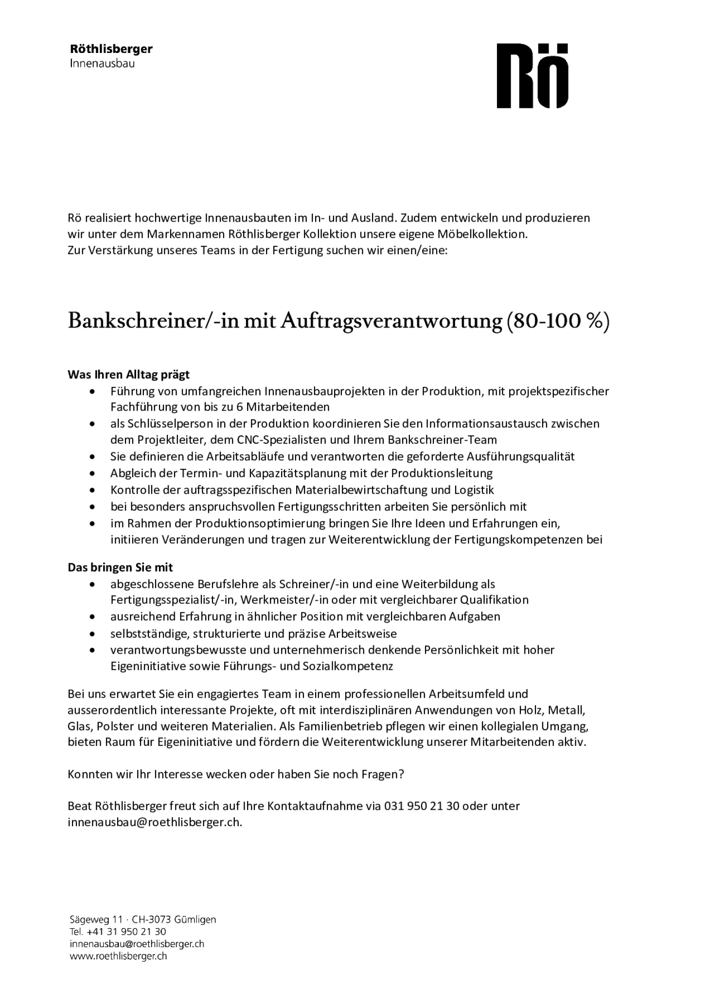 Bankschreiner/-in mit Auftragsverantwortung (80-100 %)