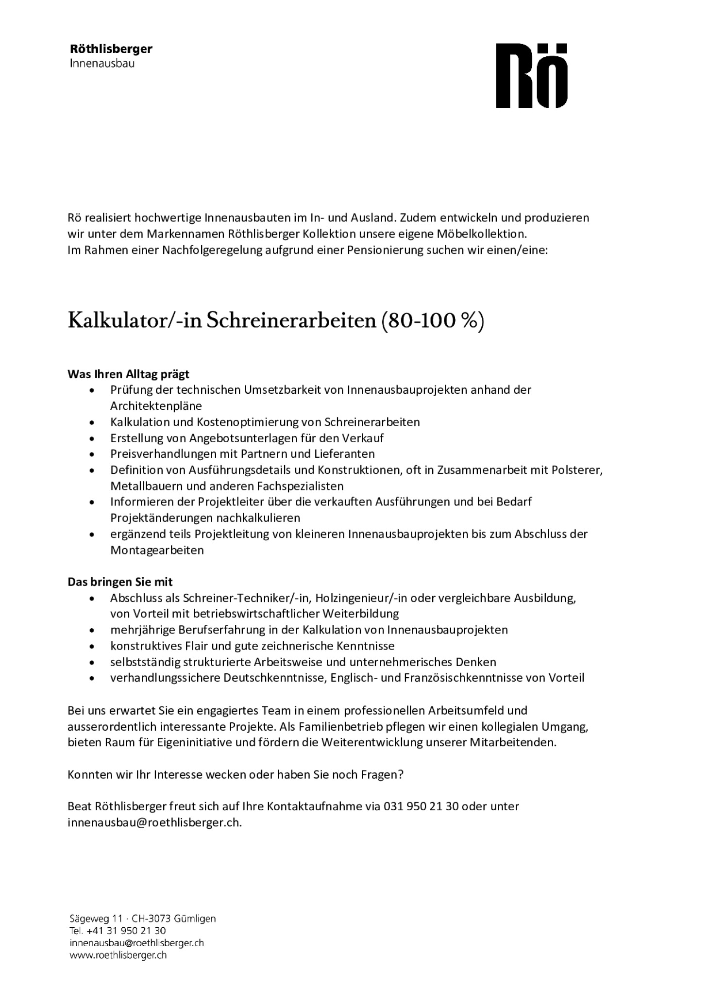 Kalkulator/-in Schreinerarbeiten (80-100 %)