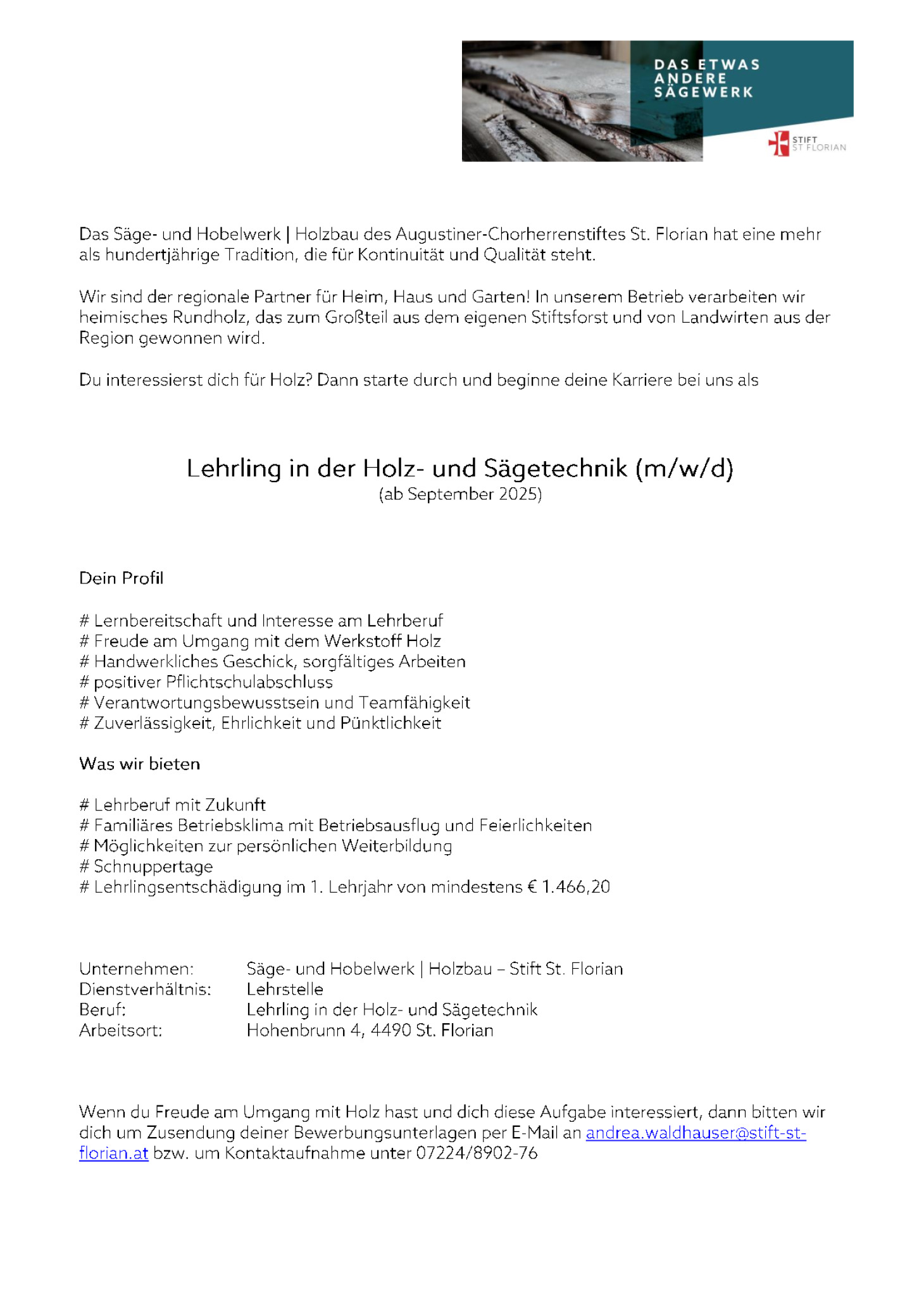 Lehrling in der Holz- und Sägetechnik (m/w/d)