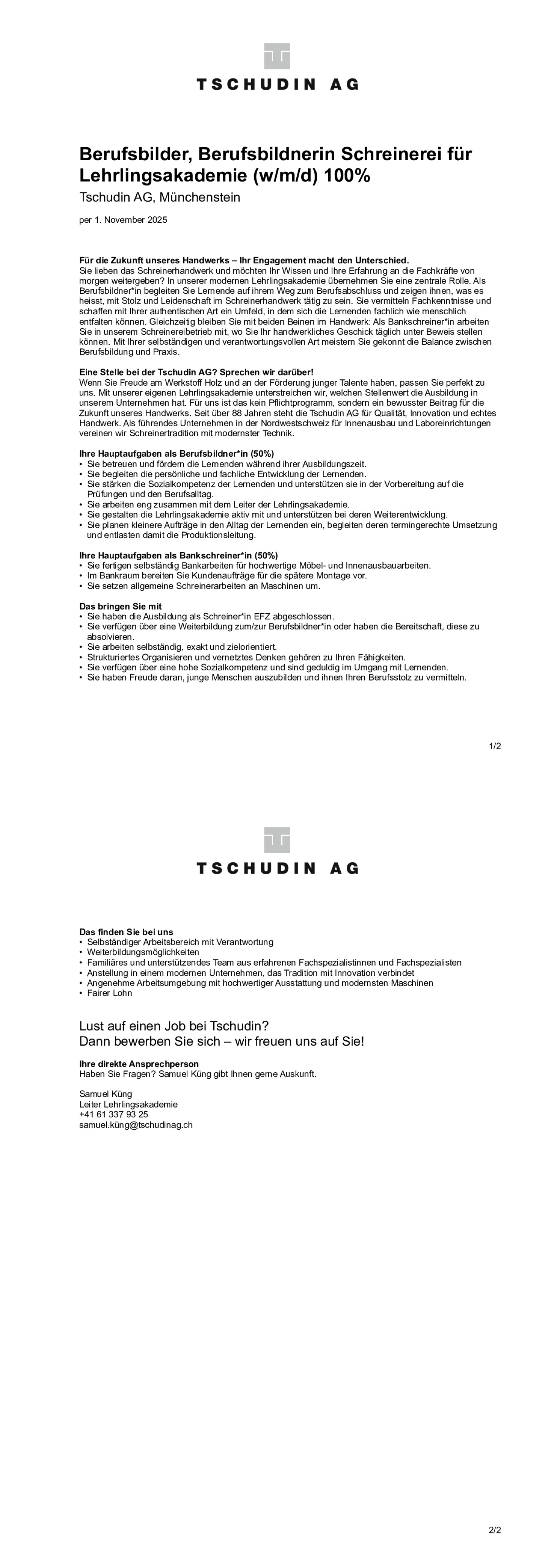 Berufsbilder, Berufsbildnerin Schreinerei für Lehrlingsakademie (w/m/d) 100%