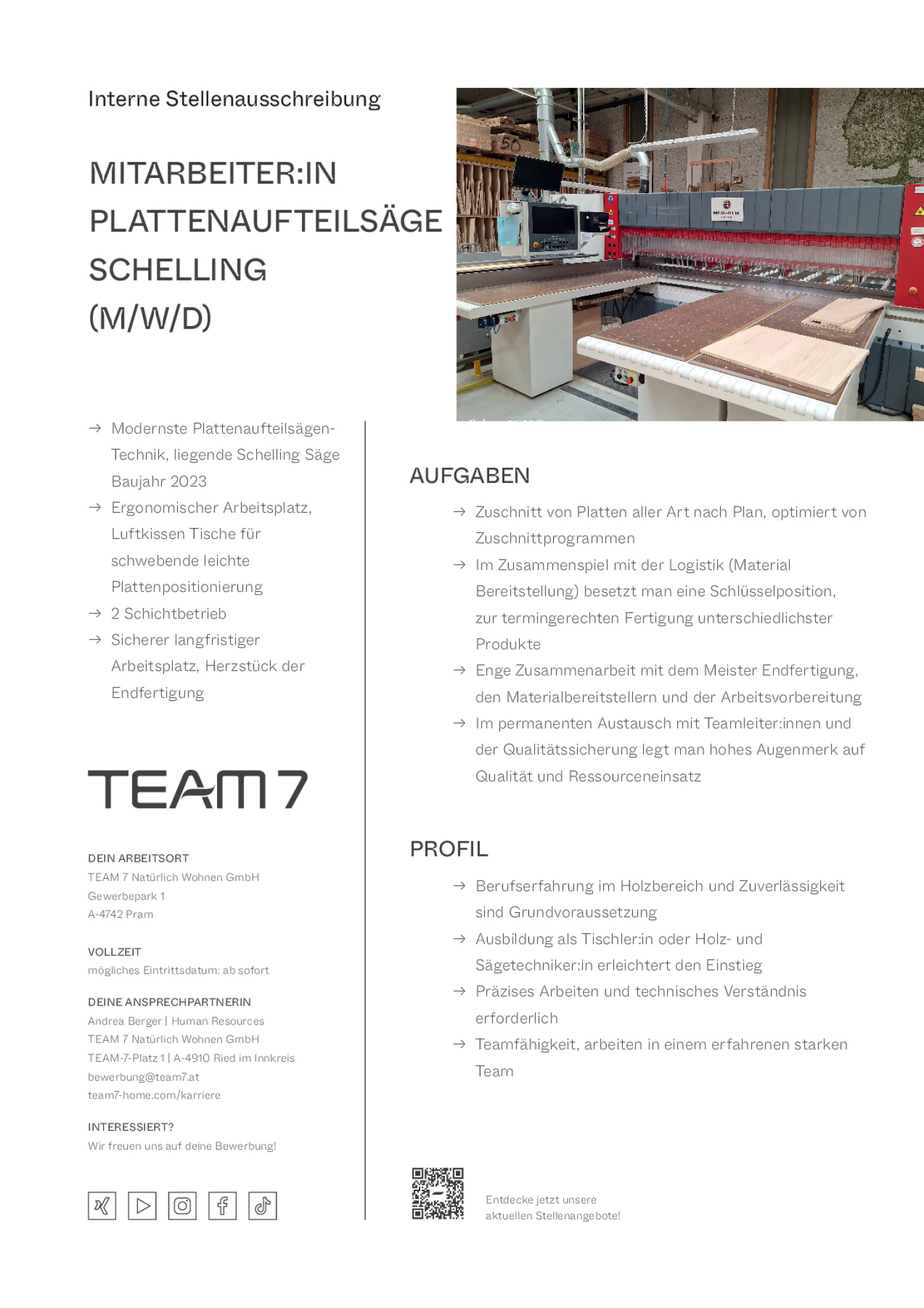 Mitarbeiter:in Plattenaufteilsäge Schelling (m/w/d)