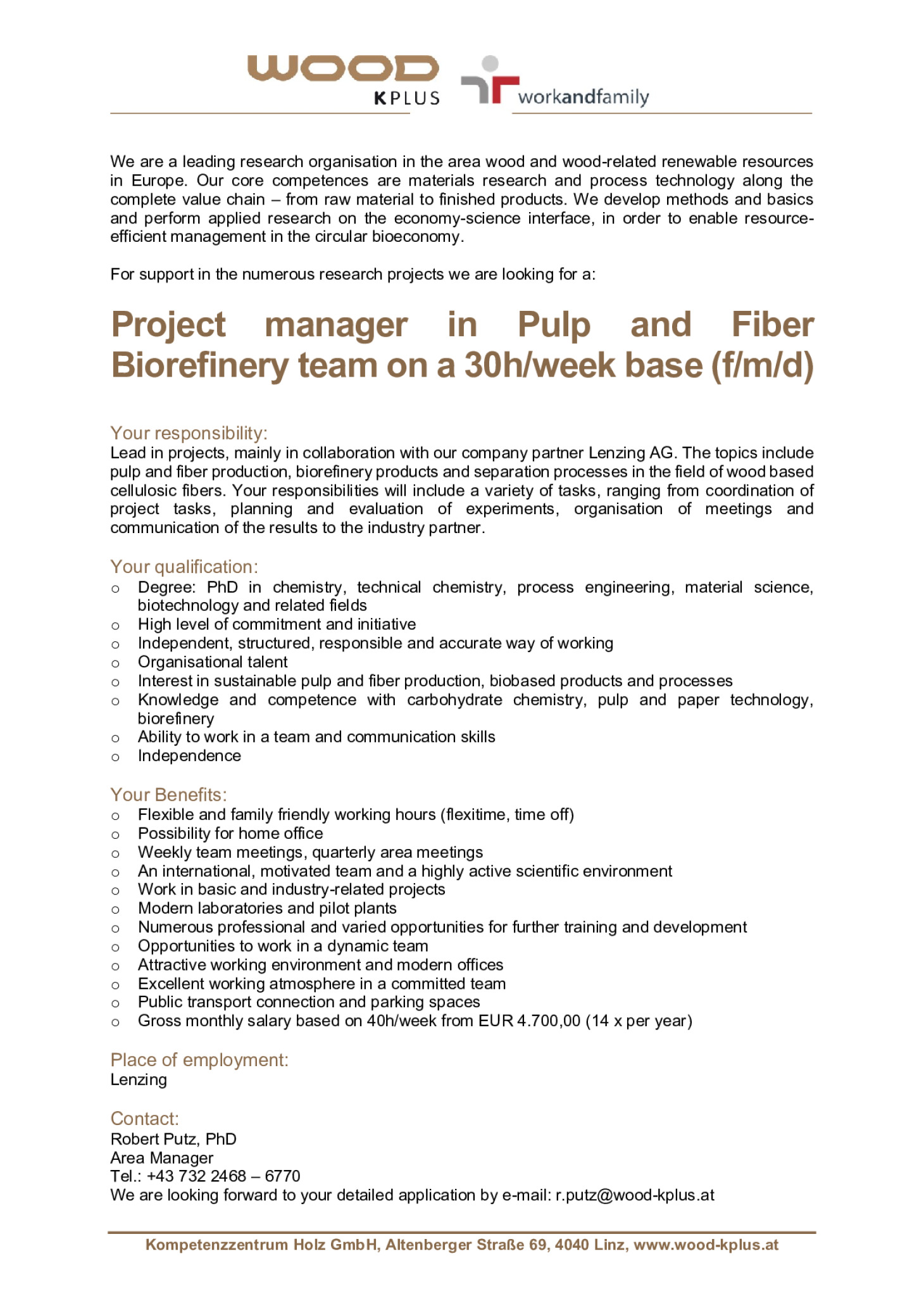 Project manager in Pulp and Fiber Biorefinery team on a 30h/week base (f/m/d)