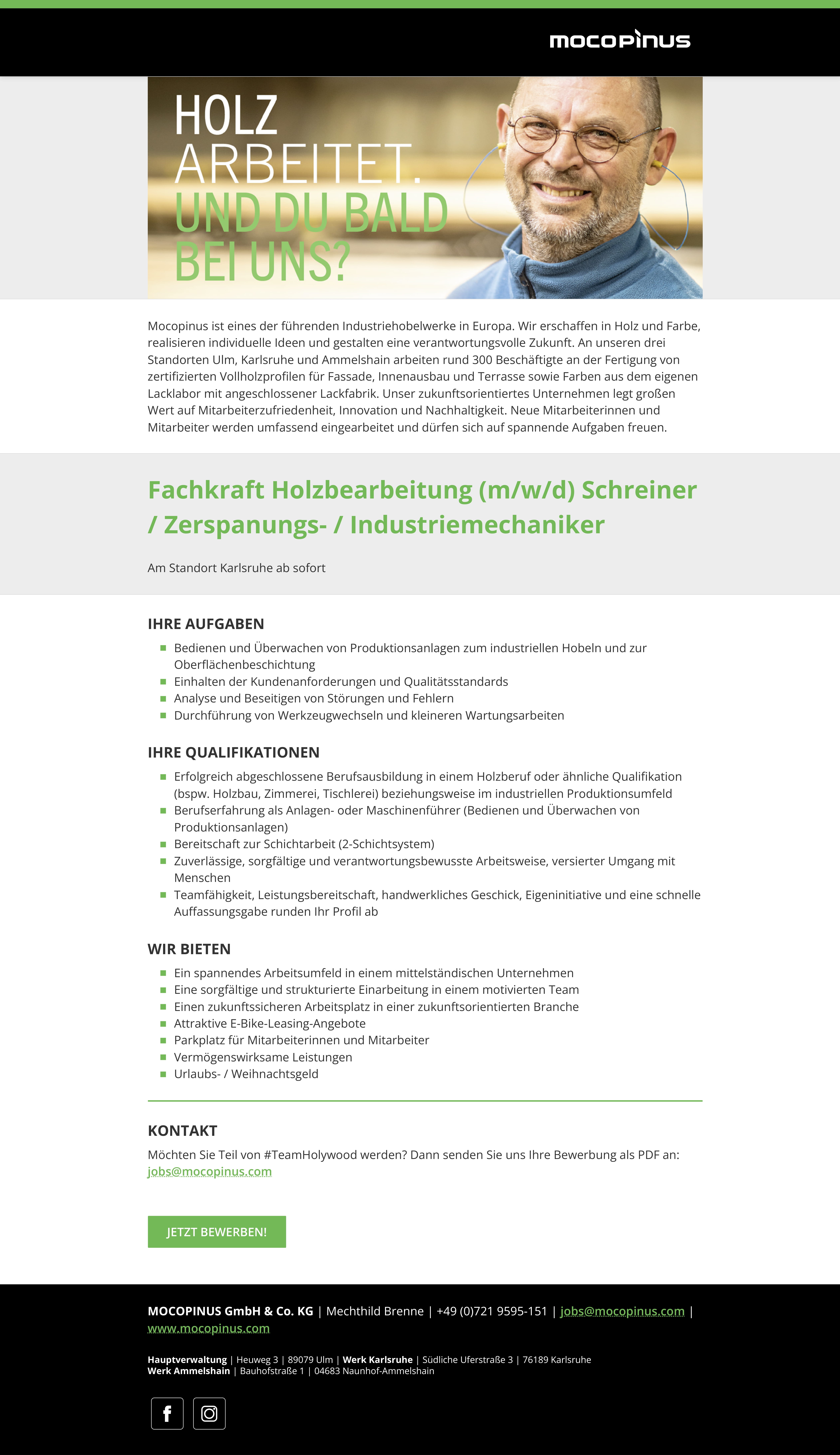 Fachkraft Holzbearbeitung (m/w/d) Schreiner / Zerspanungsmechaniker / Industriemechaniker