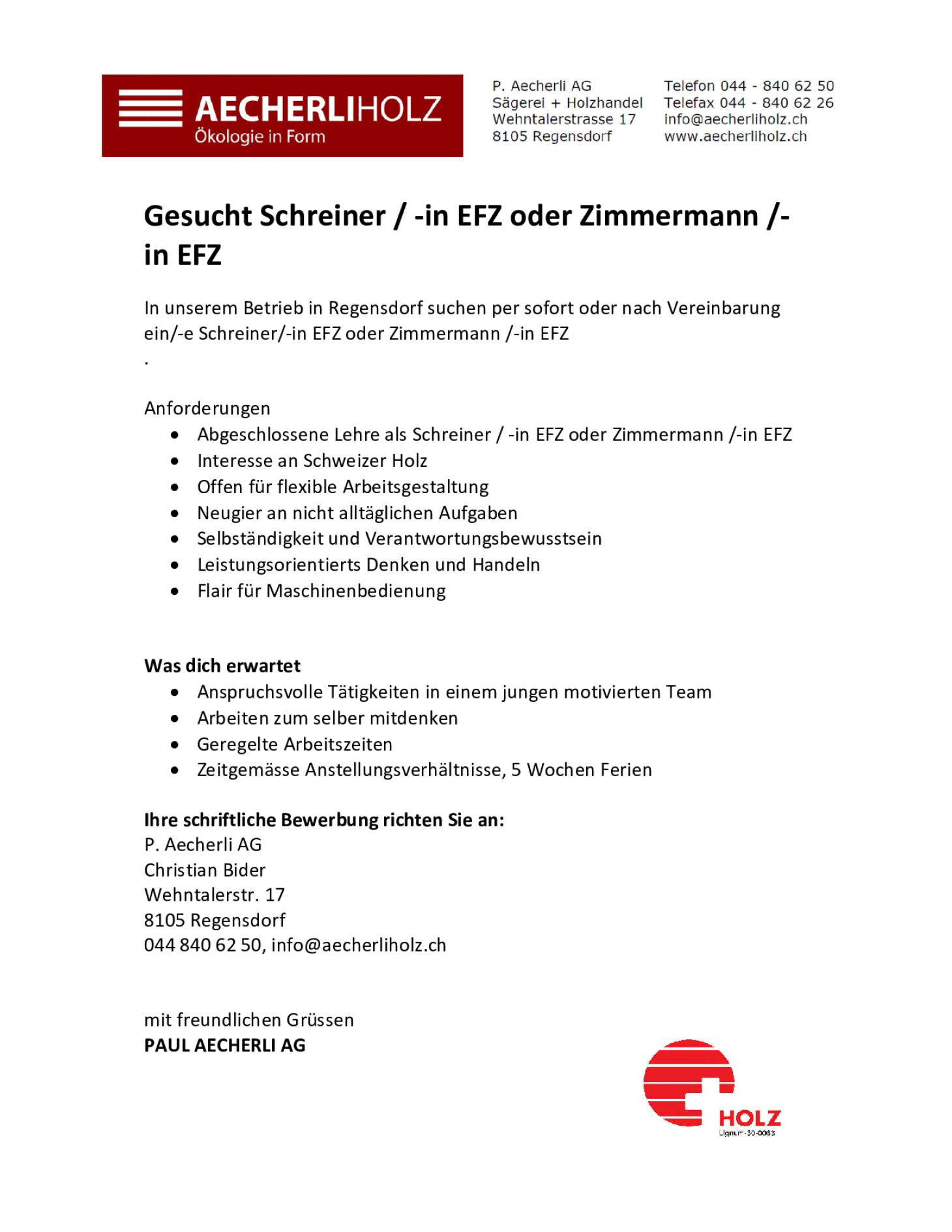 Schreiner / -in EFZ oder Zimmermann /-in EFZ