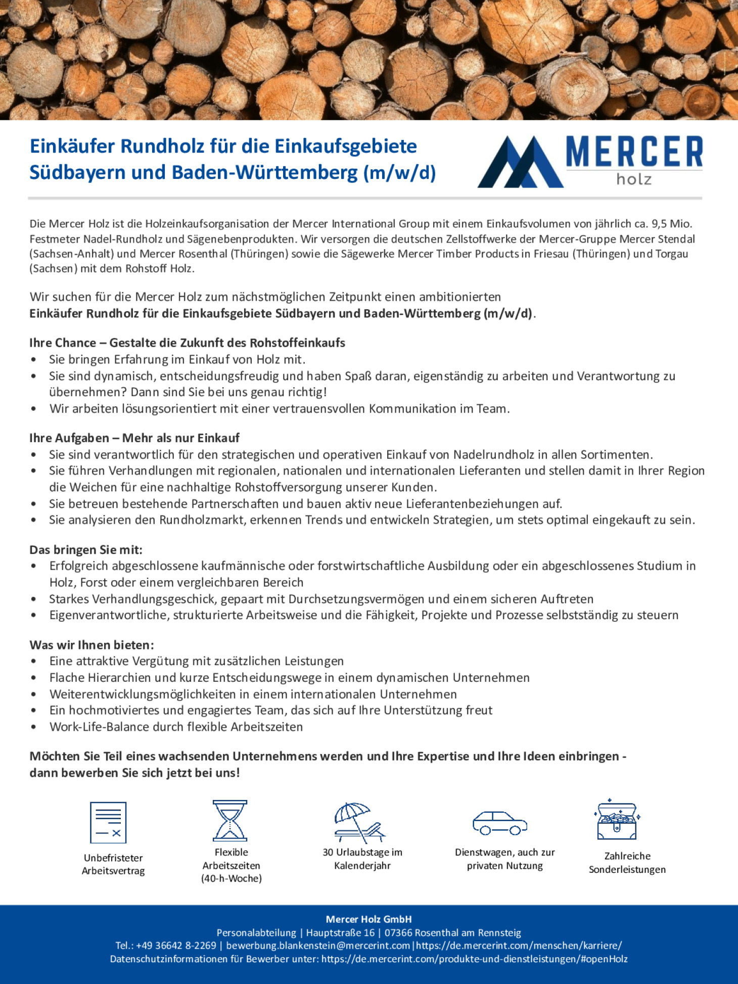 Einkäufer Rundholz für die Einkaufsgebiete Südbayern und Baden-Württemberg (m/w/d)