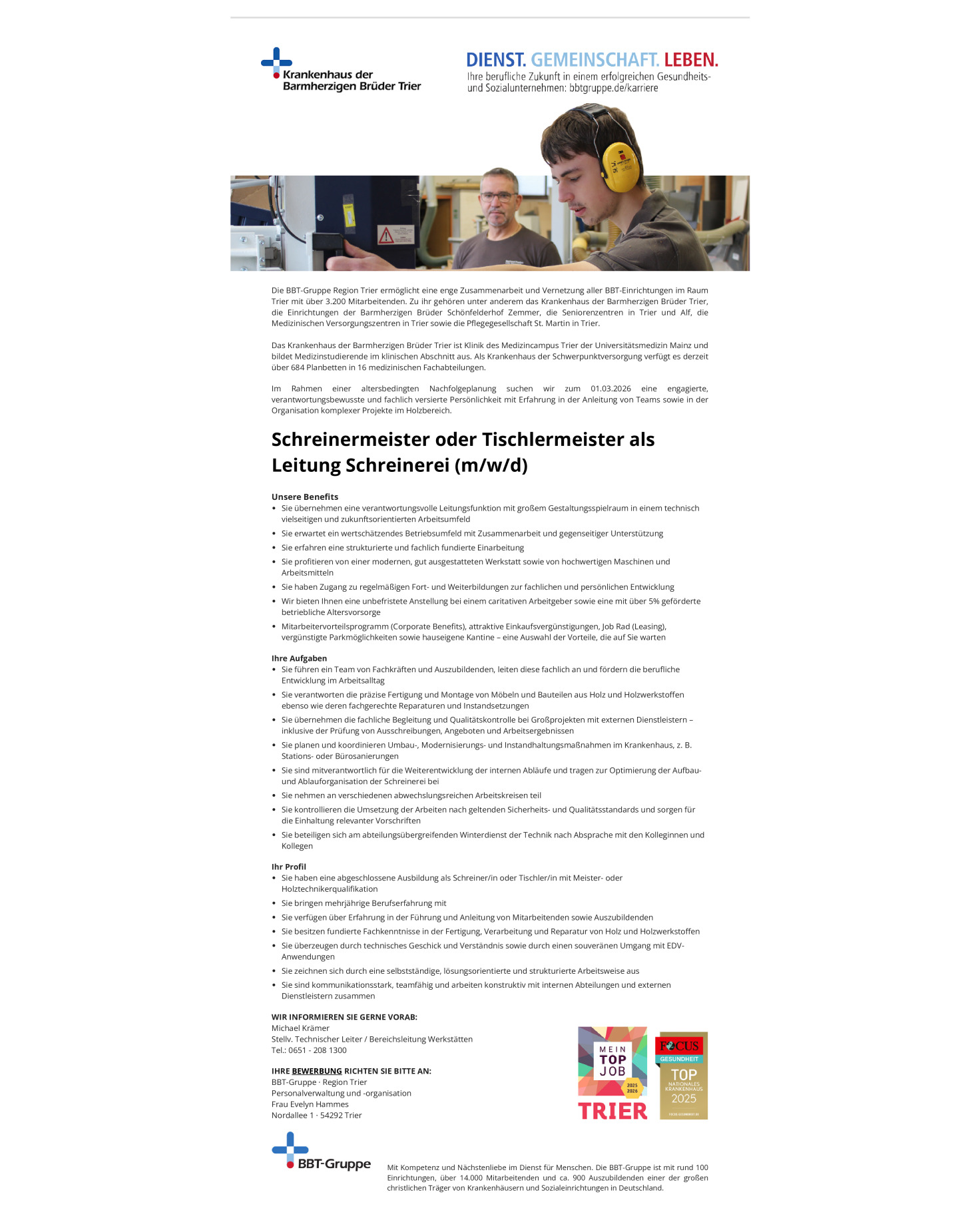 Schreinermeister oder Tischlermeister als Leitung Schreinerei (m/w/d)
