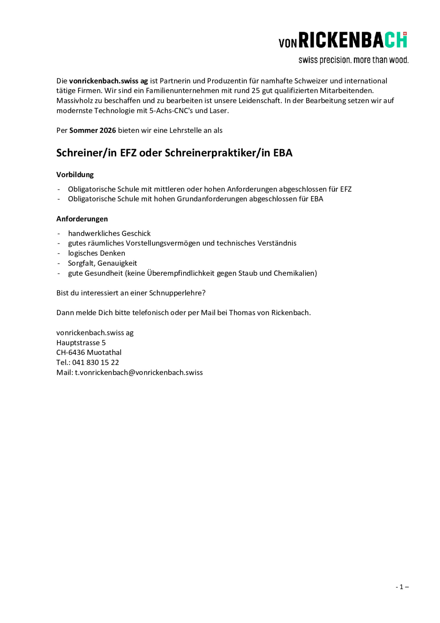Lehrstelle als Schreiner/in EFZ oder Schreinerpraktiker/in EBA