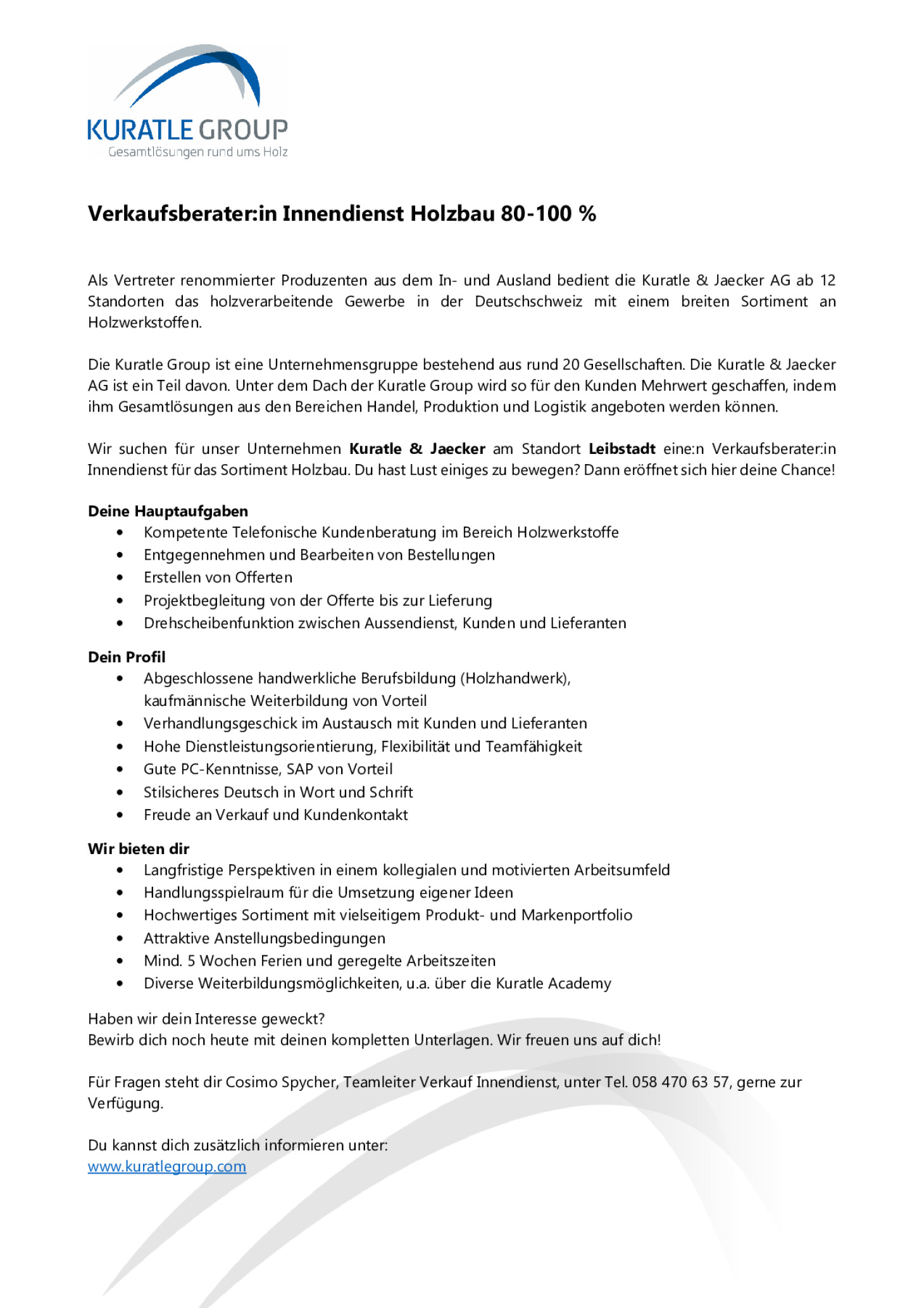 Verkaufsberater:in Innendienst Holzbau 80-100 %