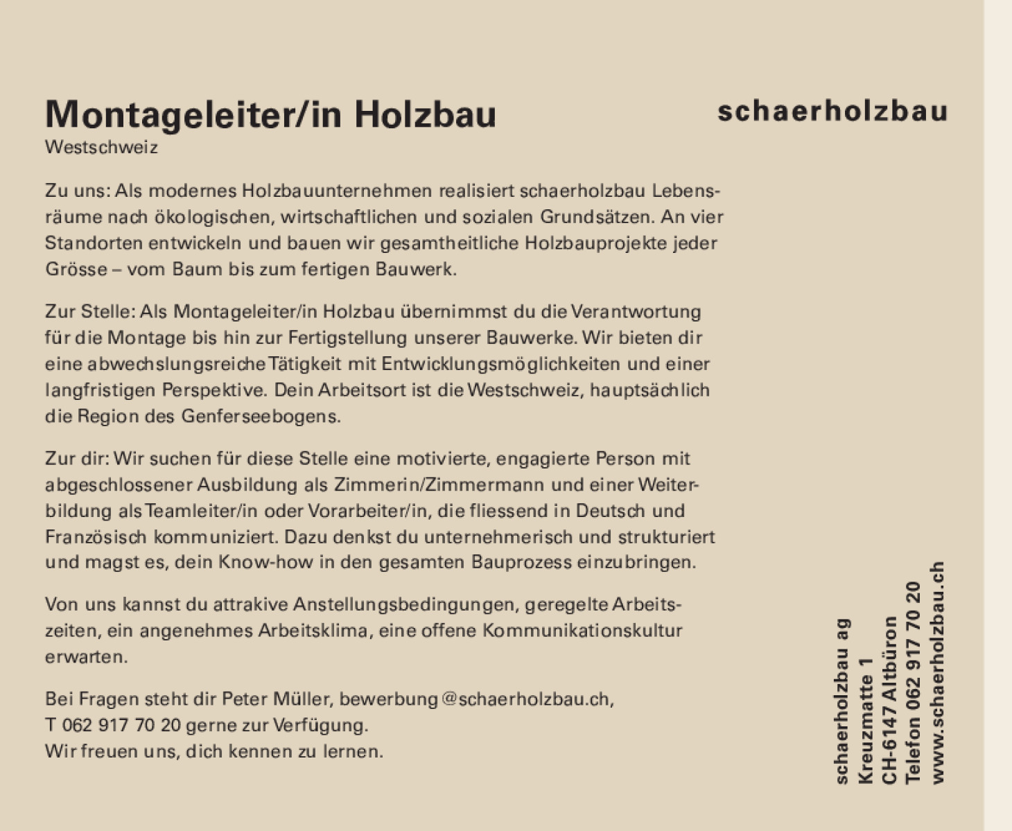 Montageleiterin / Montageleiter Holzbau Westschweiz 100%