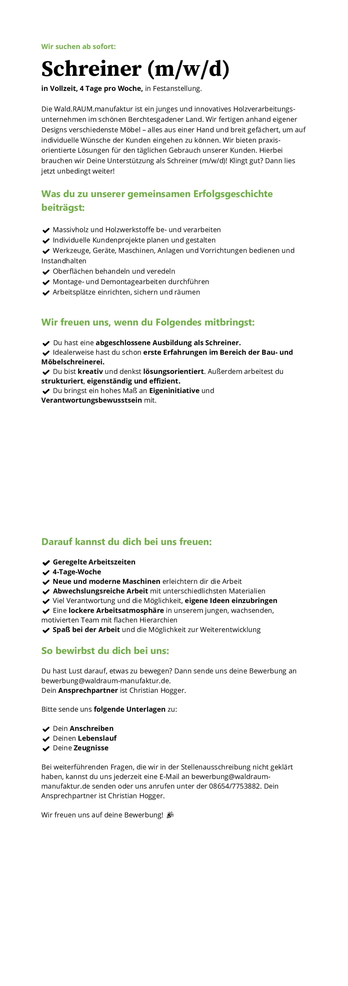 Schreiner (m/w/d) in Vollzeit, 4 Tage pro Woche, in Festanstellung.