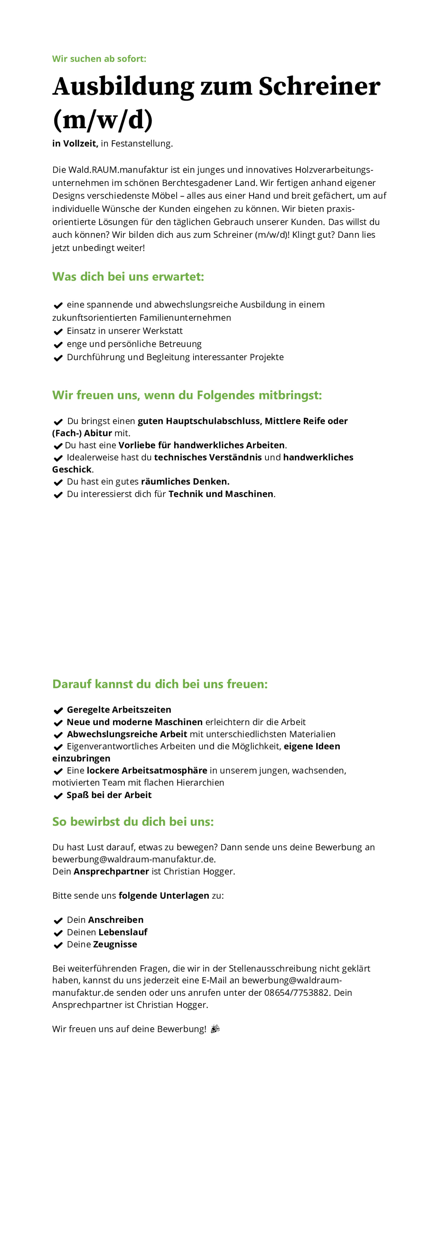 Ausbildung zum Schreiner (m/w/d)