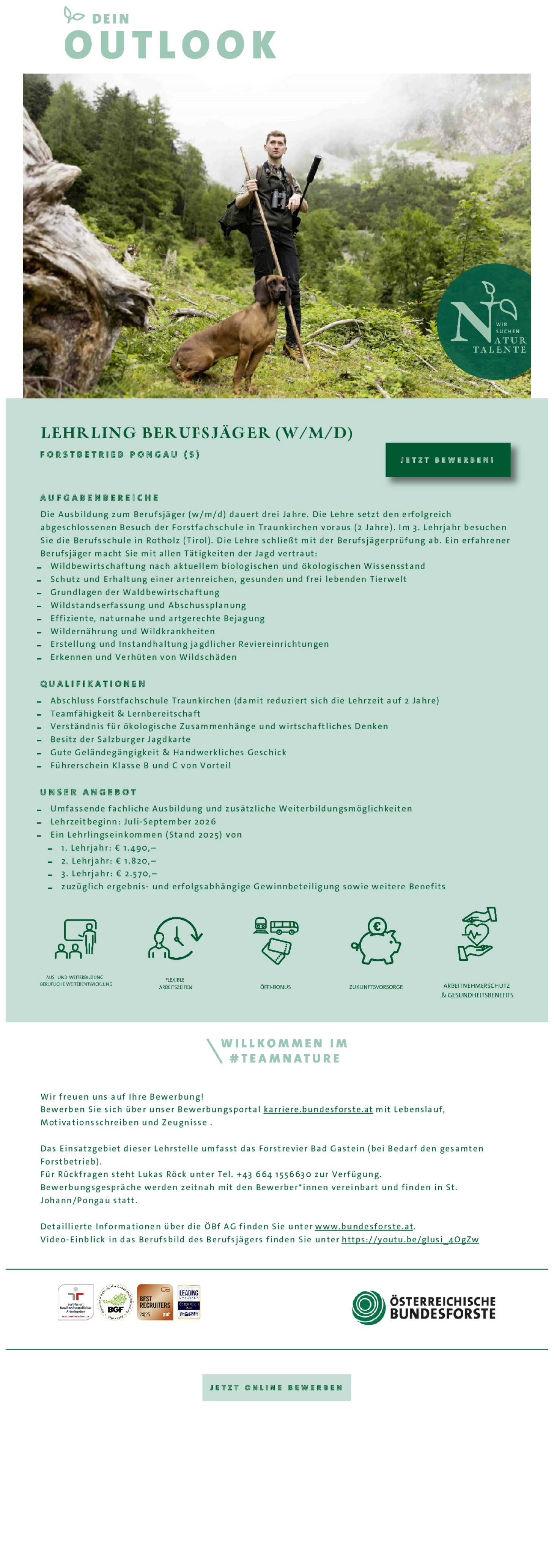 Lehrling Berufsjäger (w/m/d) für den Forstbetrieb Pongau (S)