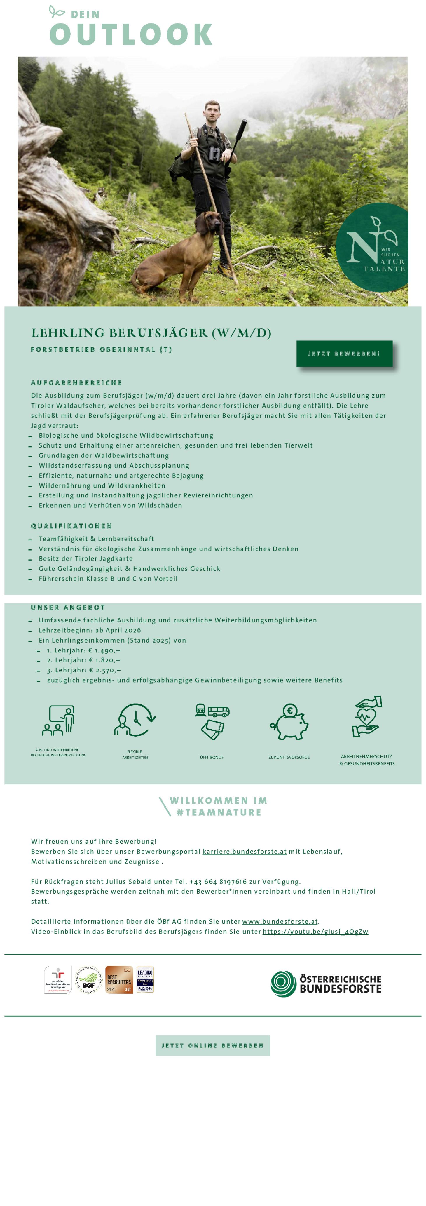 Lehrling Berufsjäger (w/m/d) für den Forstbetrieb Oberinntal (T)