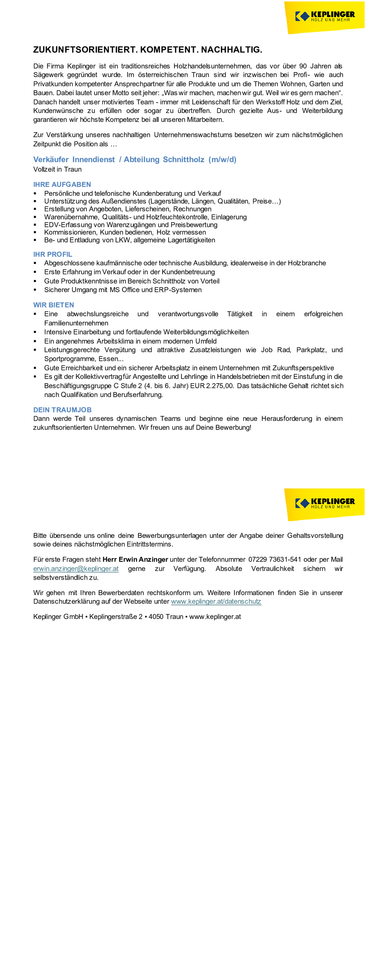 Verkäufer Innendienst / Abteilung Schnittholz (m/w/d)