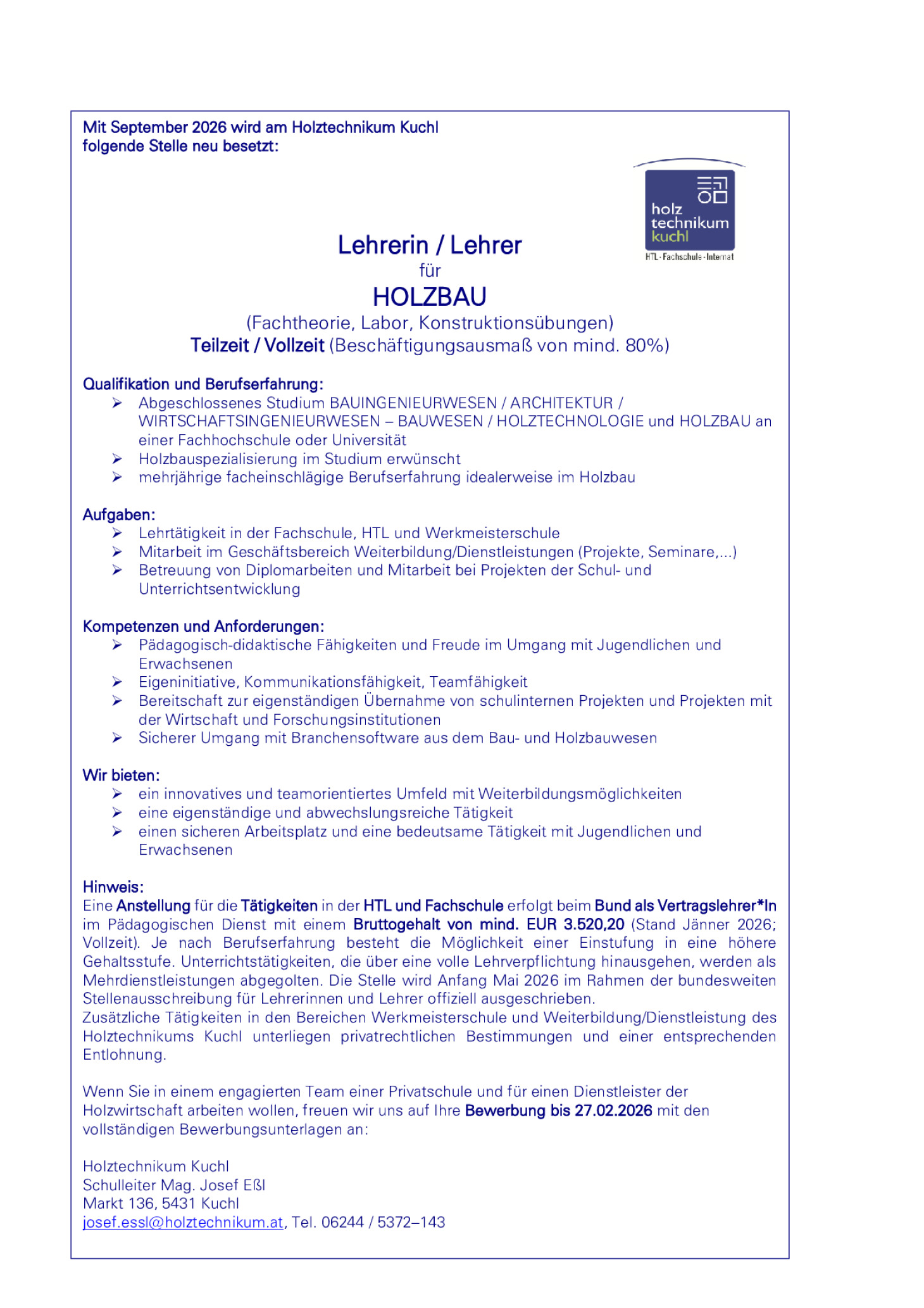 Lehrerin / Lehrer für Holzbau