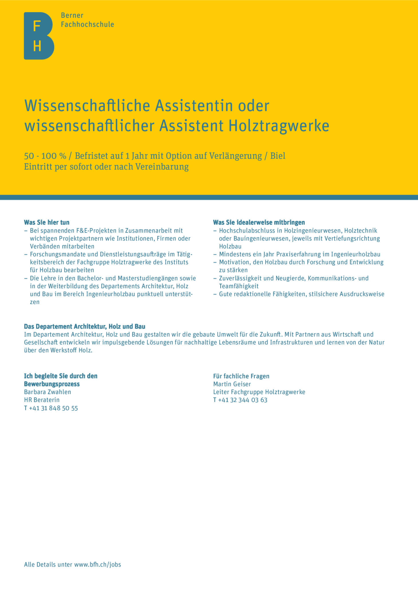 Wissenschaftliche Assistentin oder wissenschaftlicher Assistent Holztragwerke