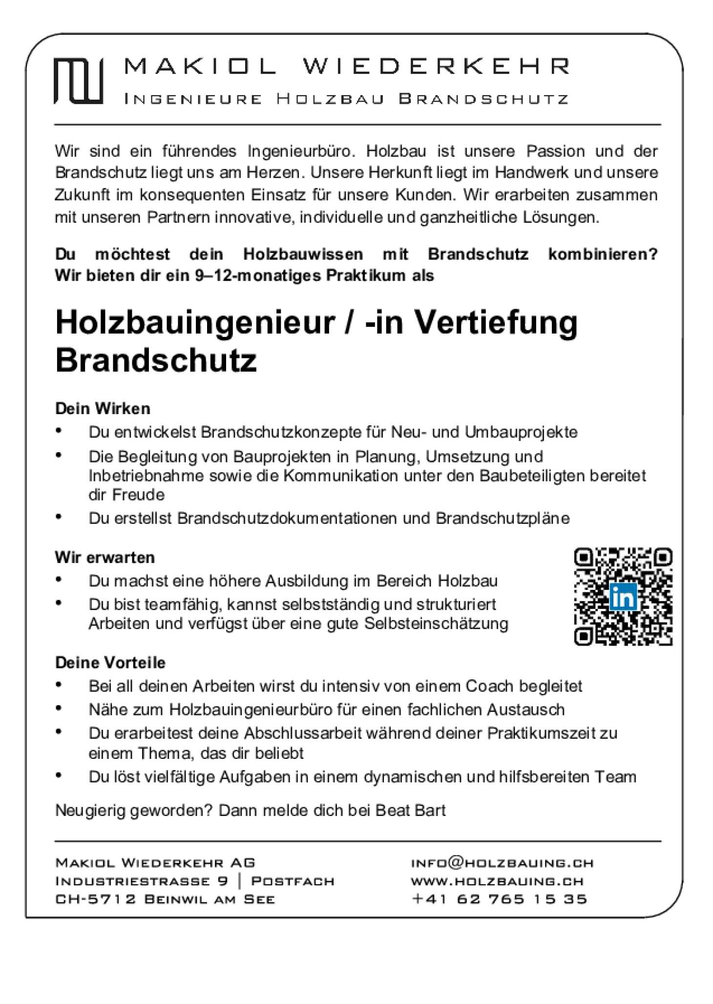 Holzbauingenieur / -in Vertiefung Brandschutz