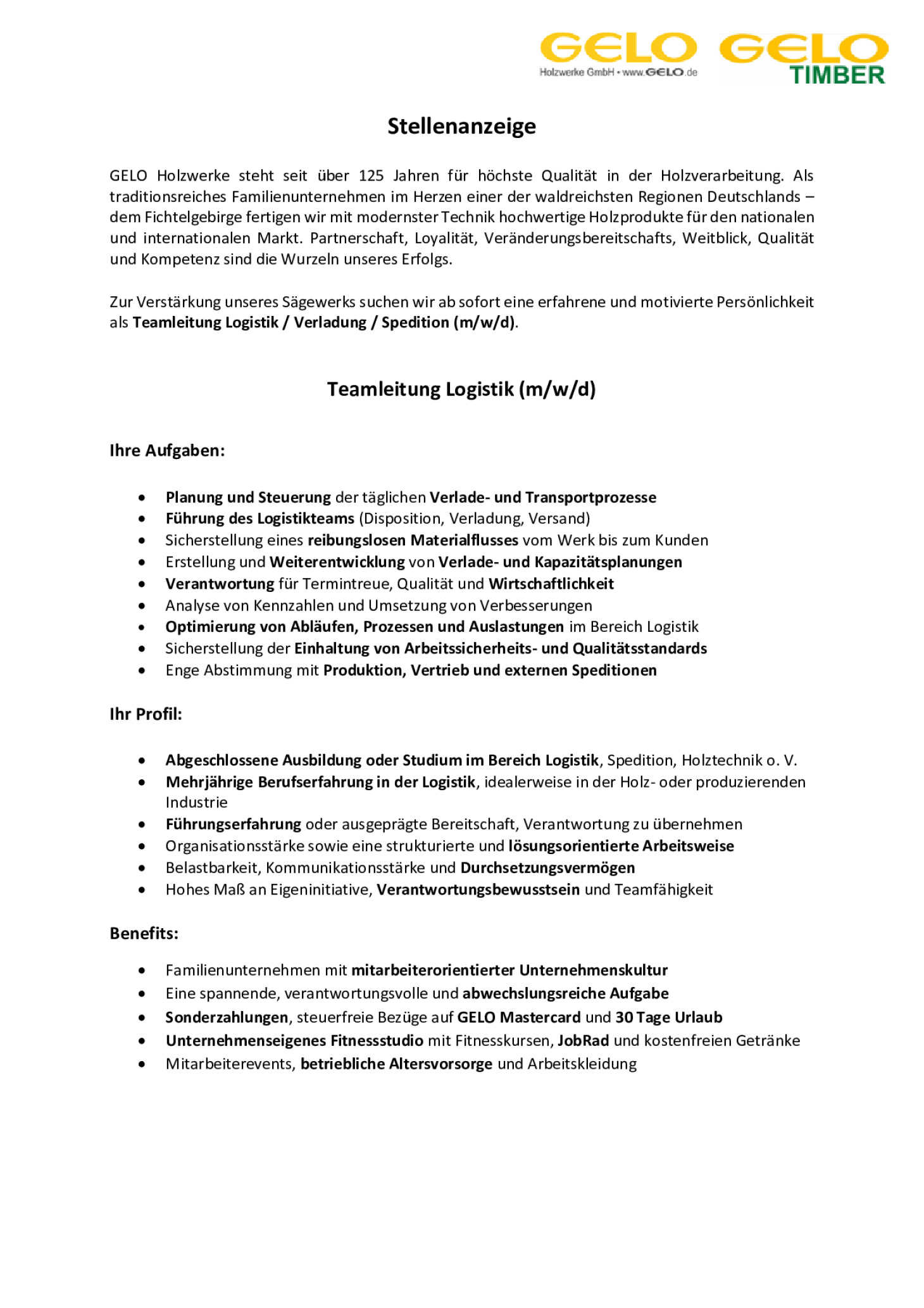 Teamleitung Logistik (w/m/d)