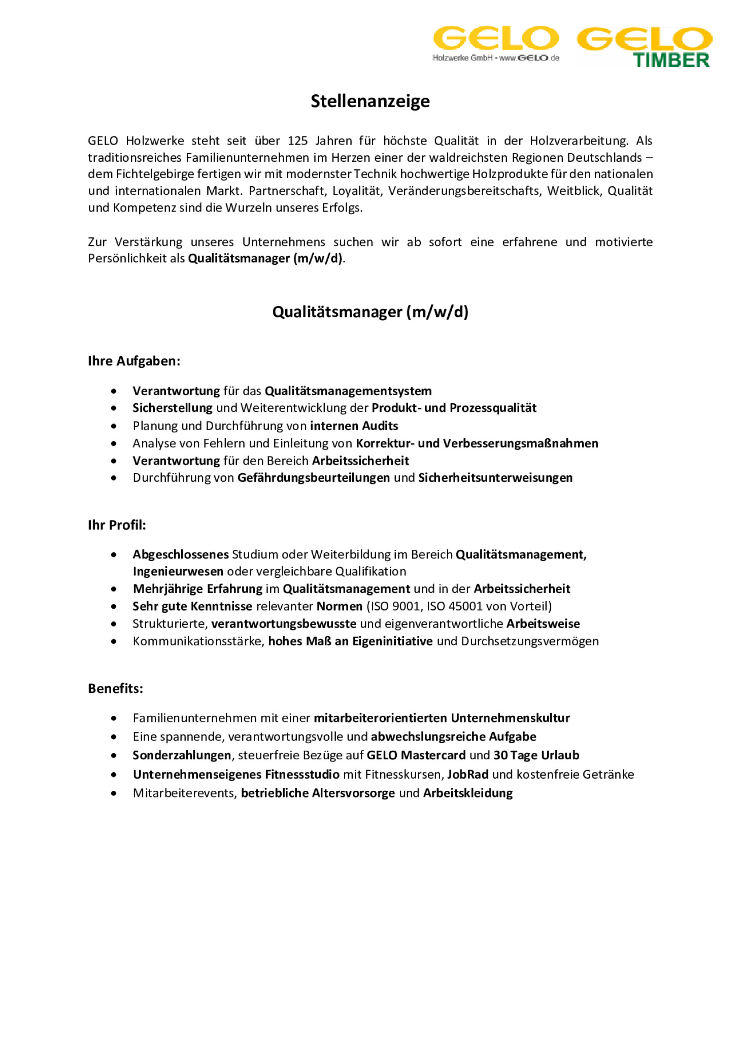 Qualitätsmanager (m/w/d)