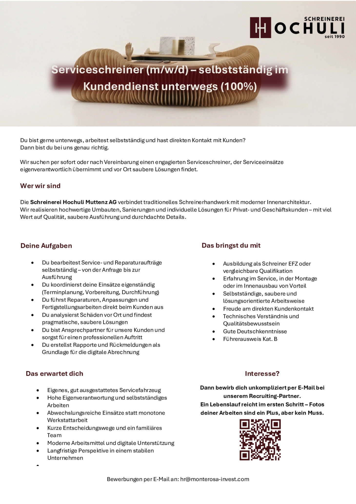 Serviceschreiner (m/w/d) – selbstständig im Kundendienst unterwegs (100%)