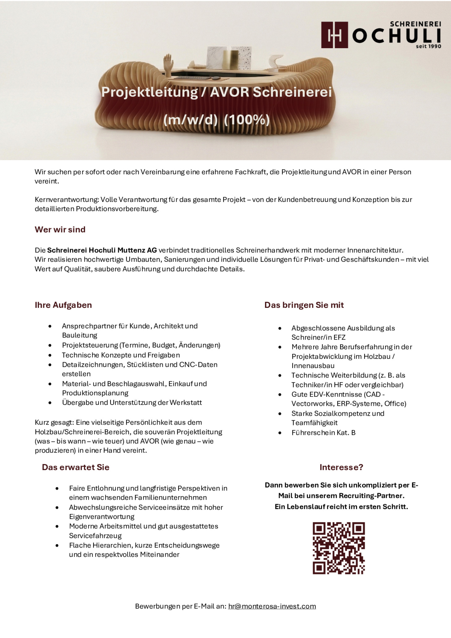 Projektleitung / AVOR Schreinerei (m/w/d) (100%)