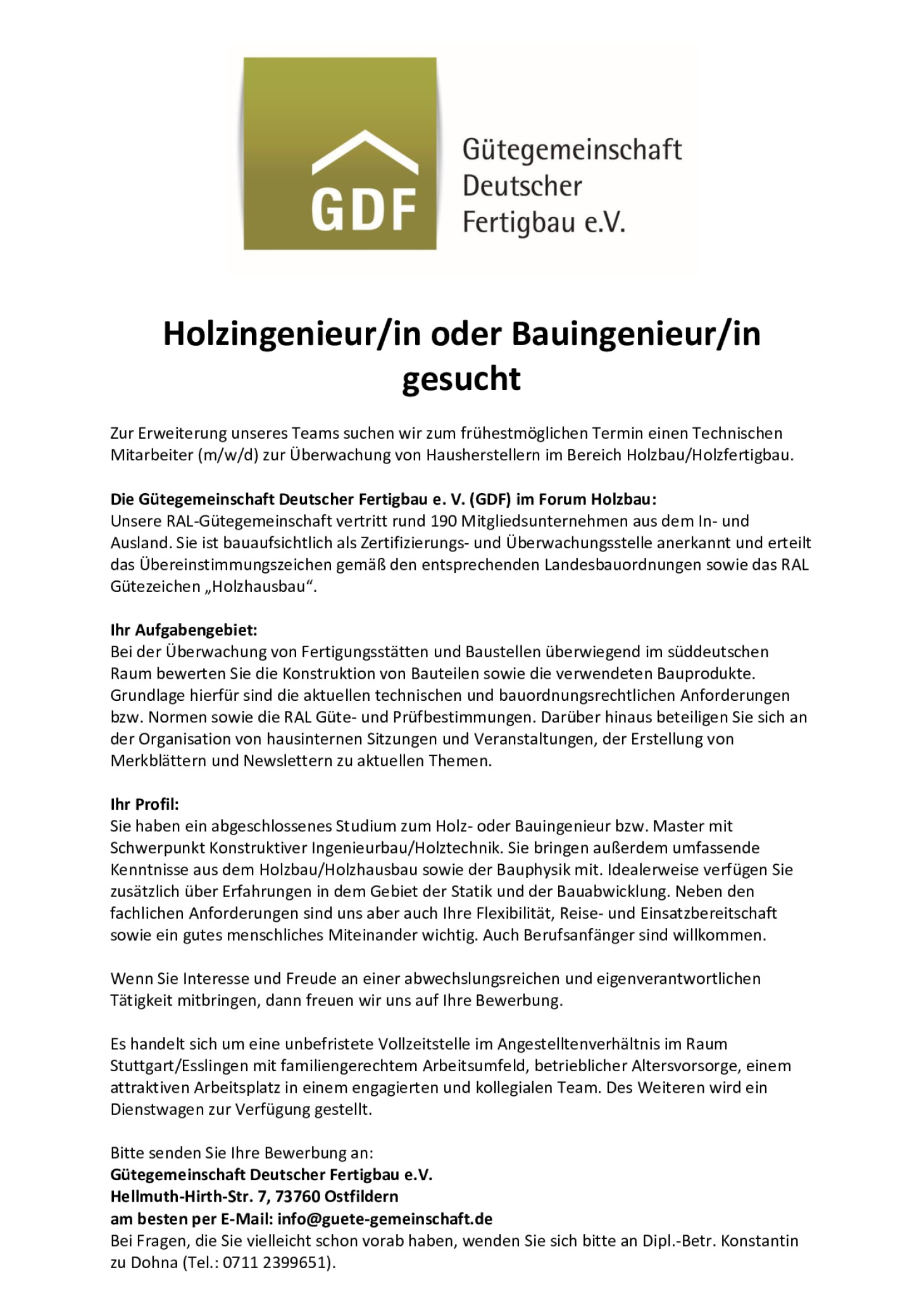 Holzingenieur/in oder Bauingeniuer/in (m/w/d) gesucht