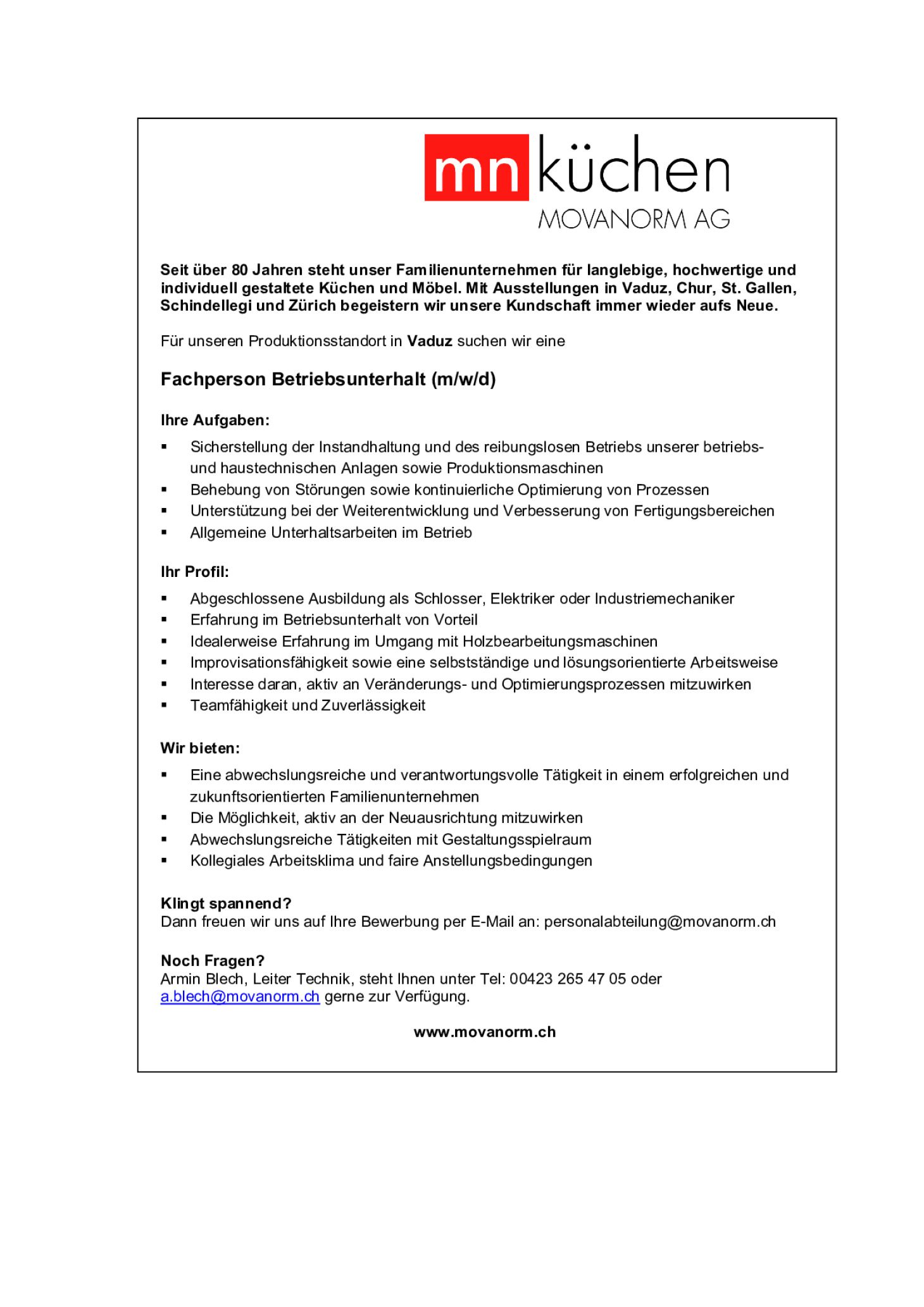 Fachperson Betriebsunterhalt (m/w/d)