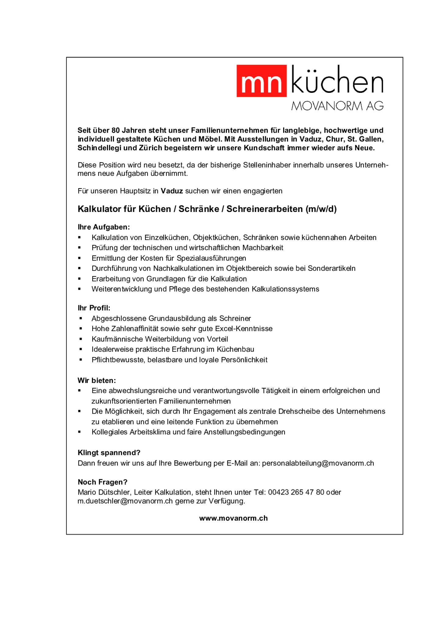 Kalkulator für Küchen/Schränke/Schreinerarbeiten (m/w/d)
