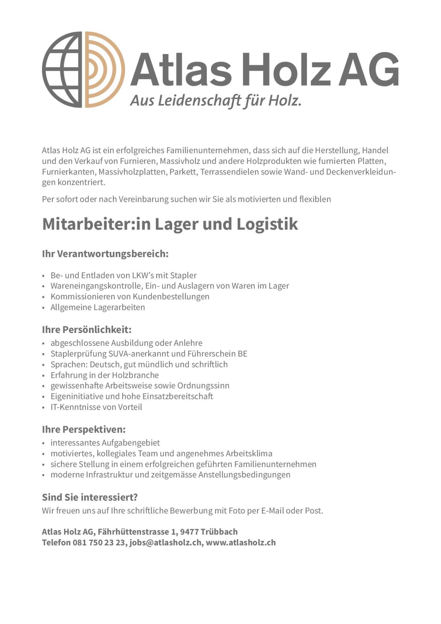 Mitarbeiter/in Lager und Logistik im Holzhandel (100%)