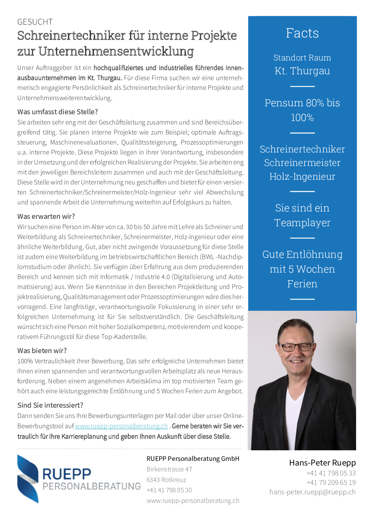 Nr. 108 - Schreinertechniker Interne Projekte Grossunternehmen