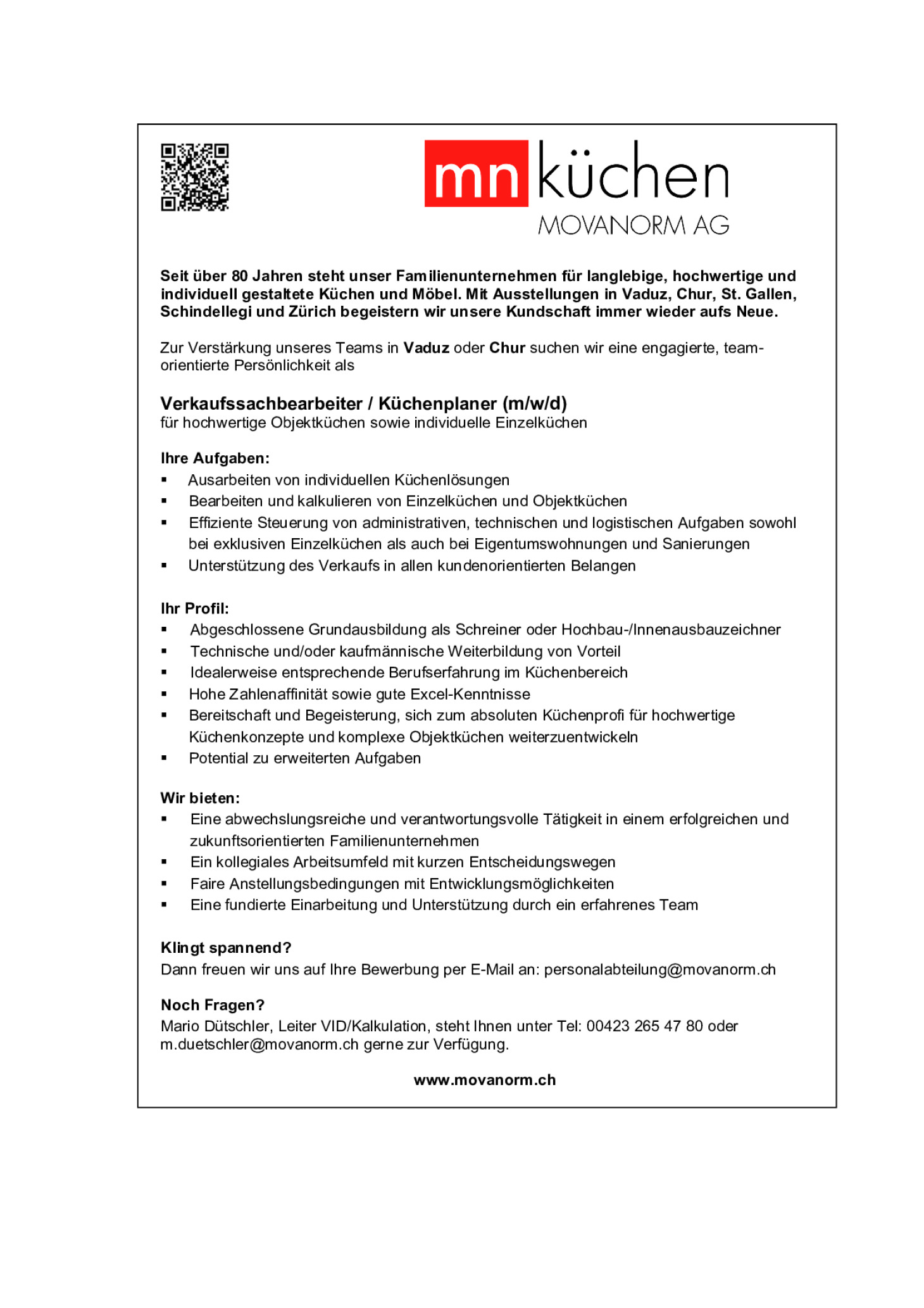 Verkaufssachbearbeiter / Küchenplaner (m/w/d) Vaduz oder Chur
