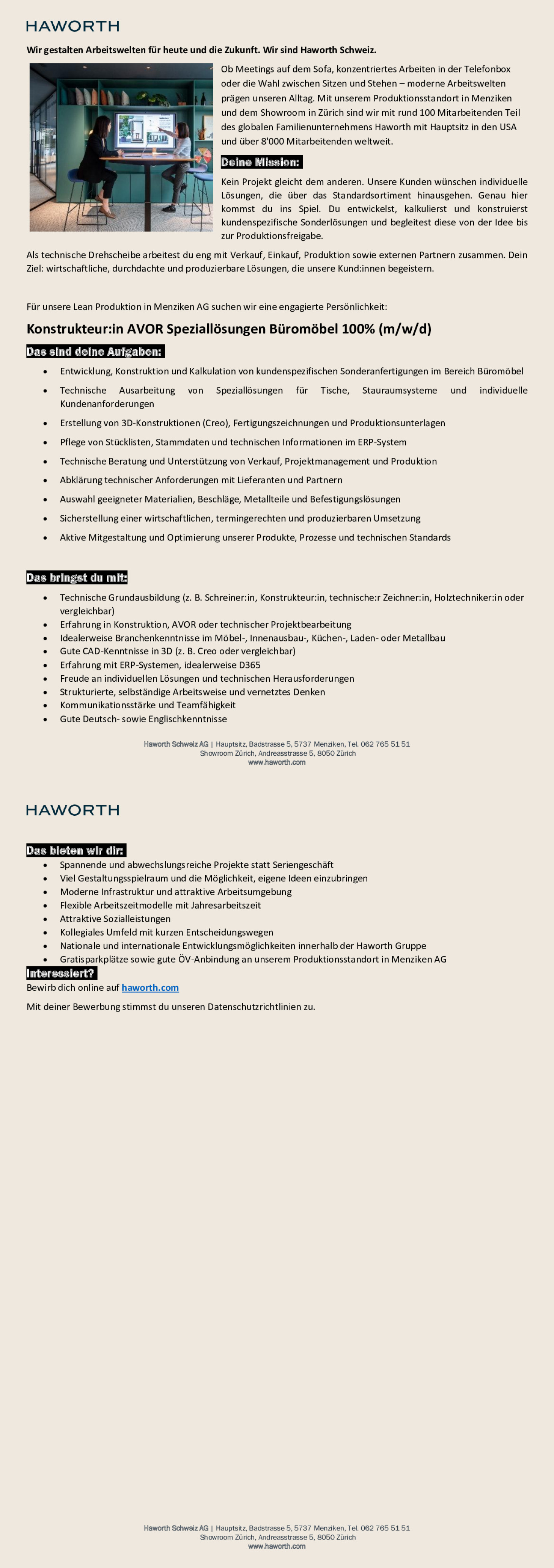 Konstrukteur:in AVOR Speziallösungen Büromöbel 100% (m/w/d)