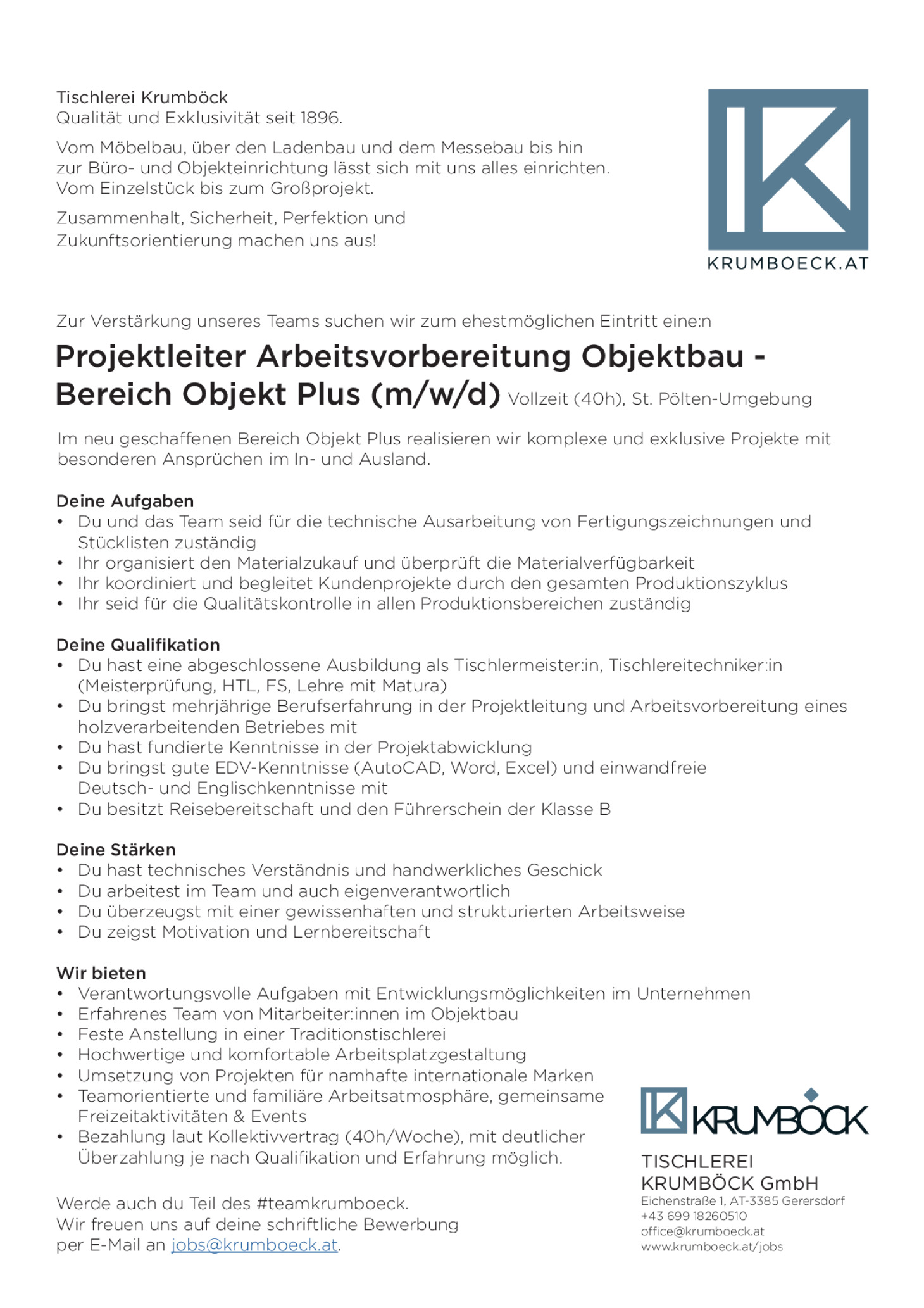 Projektleiter Arbeitsvorbereitung Objektbau - Bereich Objekt Plus (m/w/d)
