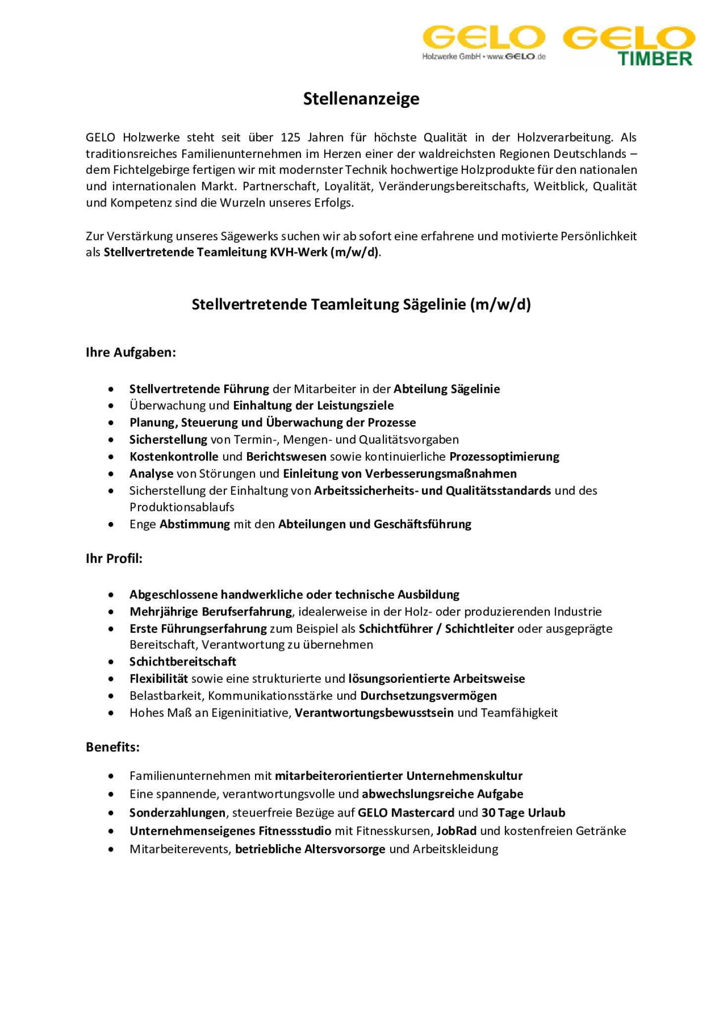 Stellvertretende Teamleitung Sägelinie (m/w/d)