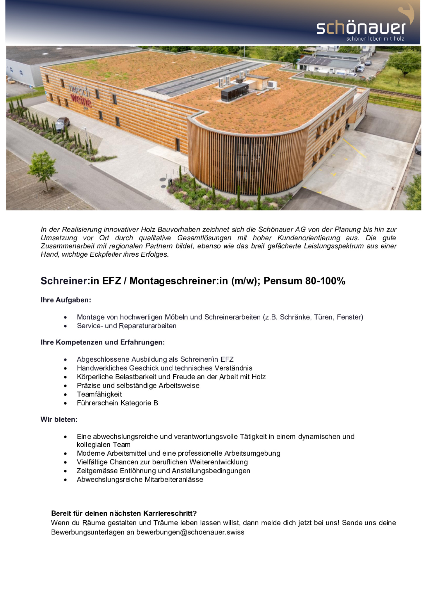 Schreiner:in EFZ / Montageschreiner: in (m/w) 80-100%